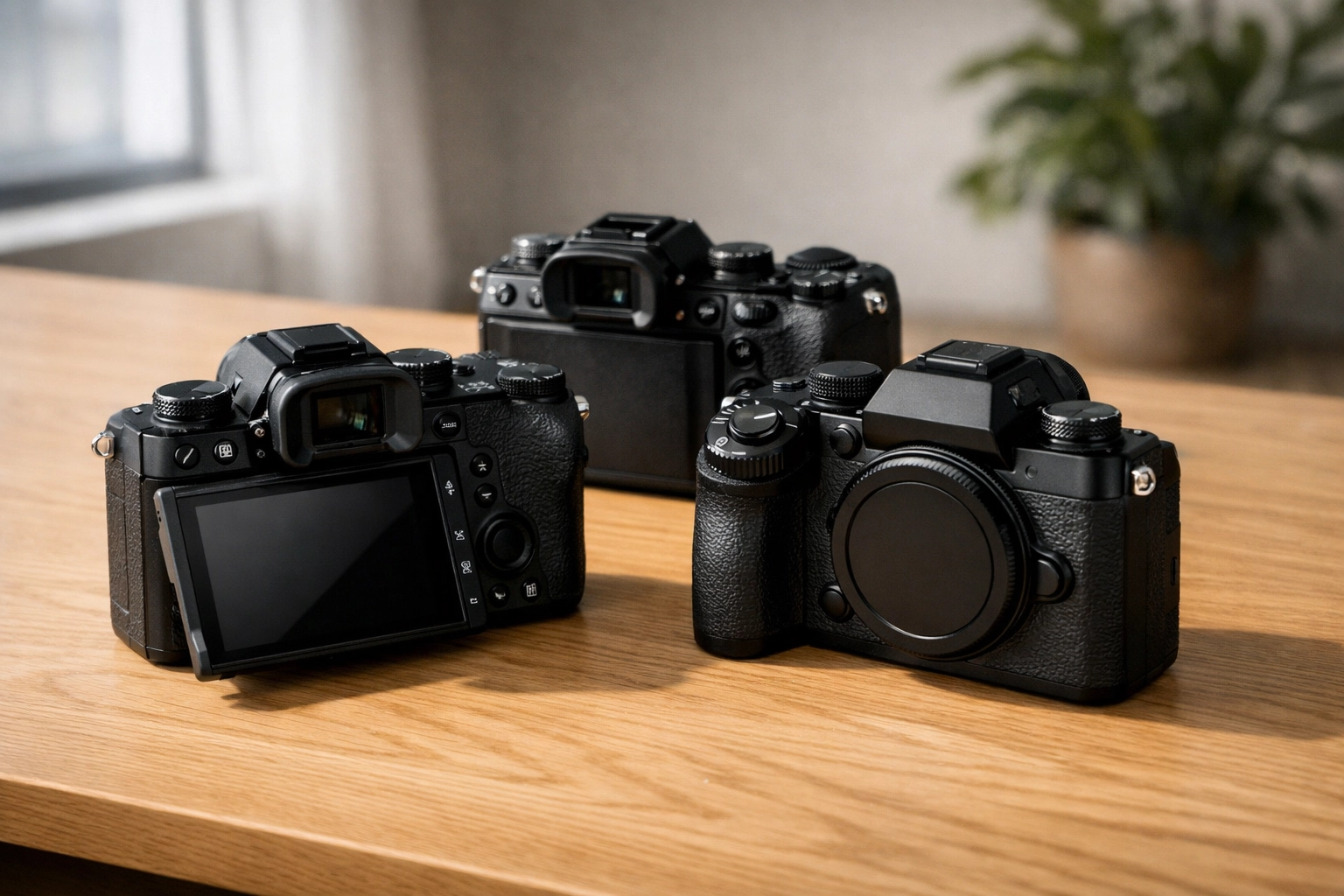 Comparison of the best mirrorless cameras on a wooden desk for detailed camera gear reviews.