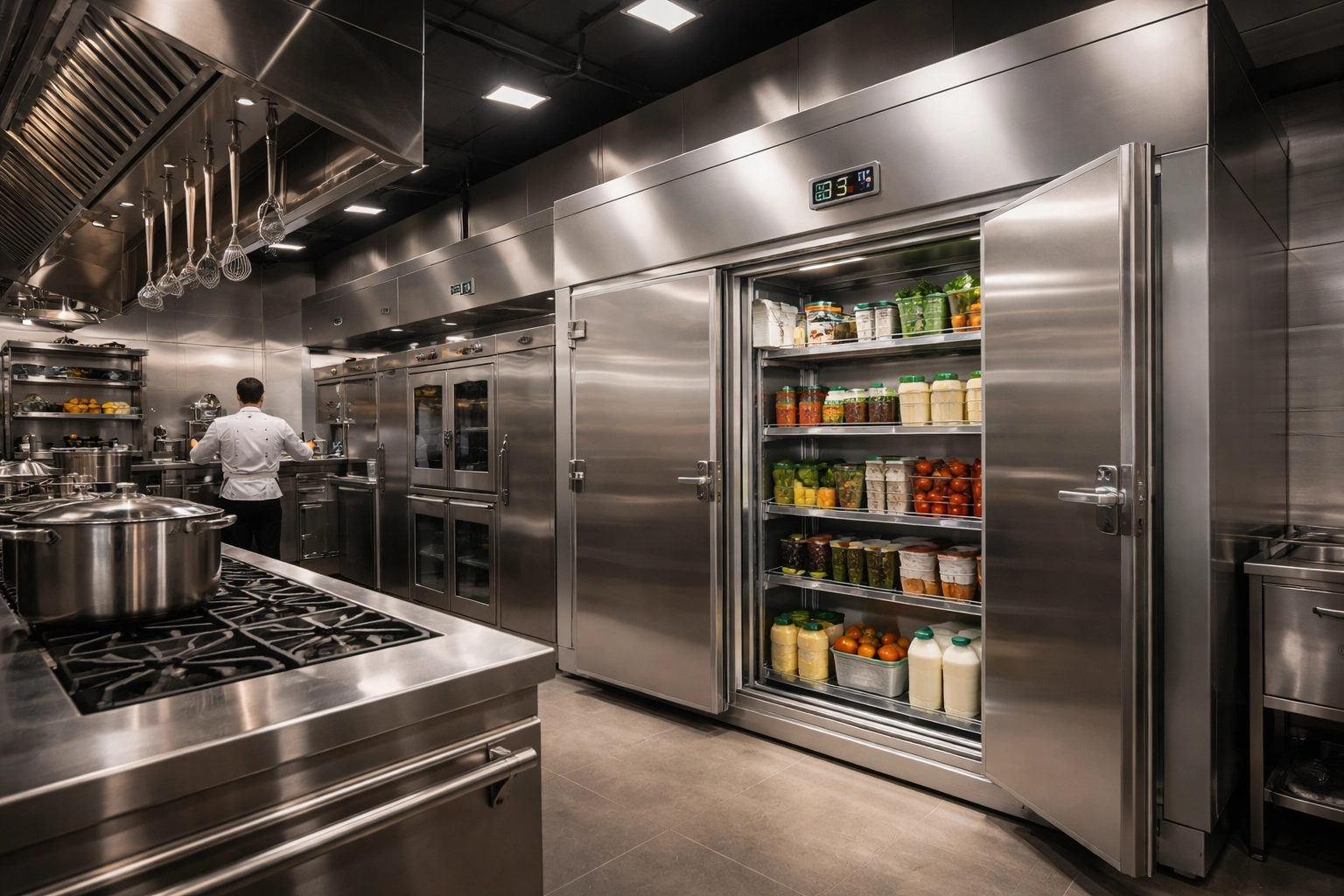 Commercial kitchen with walk-in refrigerator and chef demonstrates need for equipment breakdown insurance in restaurants.