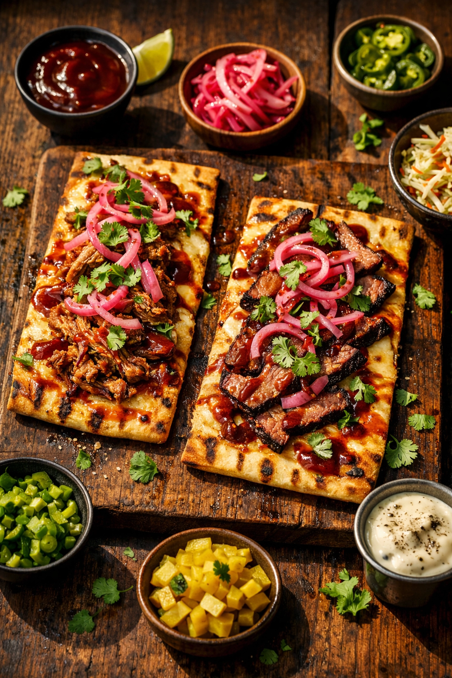 Rectangular artisan BBQ flatbreads with brisket, pulled pork, and fresh toppings on wooden board