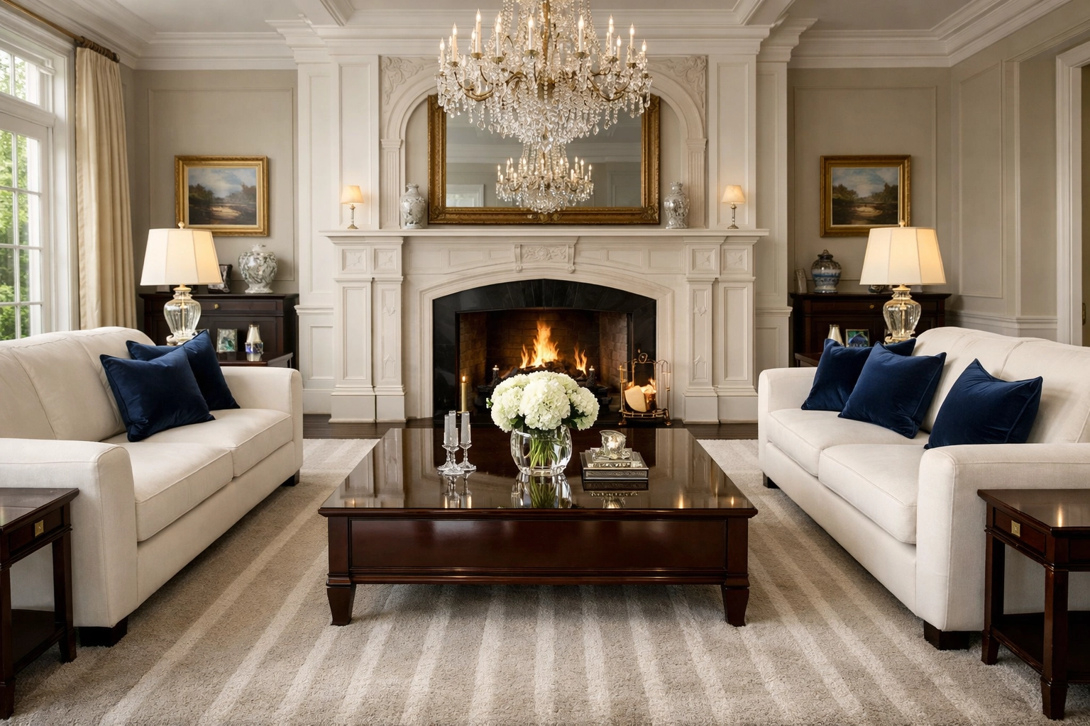 Show-ready living room in a Massachusetts estate featuring expert residential cleaning maintenance.