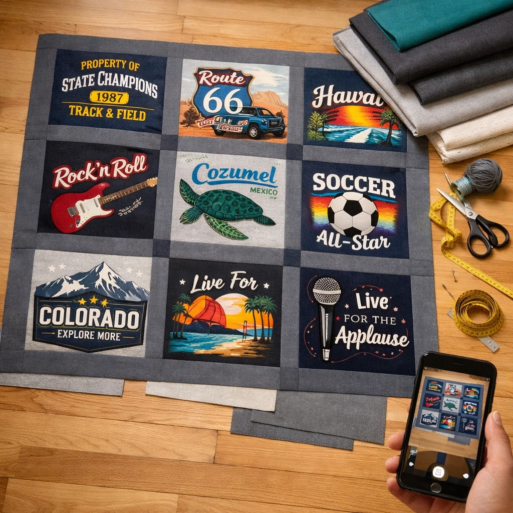 T-shirt quilt blocks arranged on floor with gray sashing fabric showing sports and travel designs