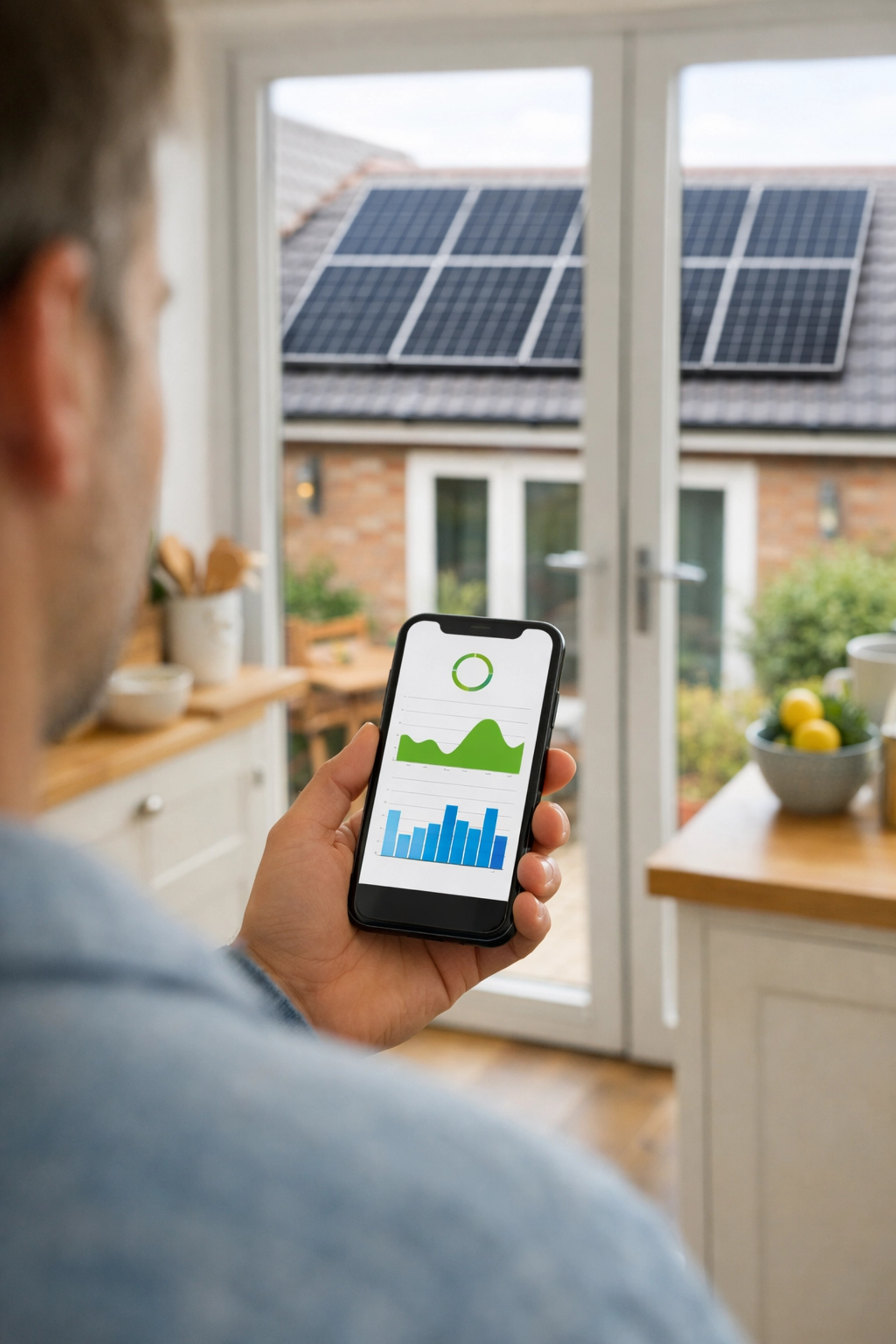 Homeowner tracking solar energy performance on a smartphone app in a modern UK kitchen