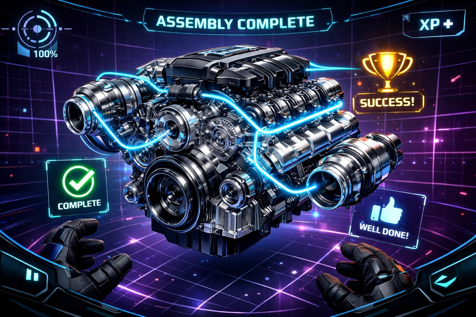 First-person view of a technician using immersive learning experiences to master engine maintenance.