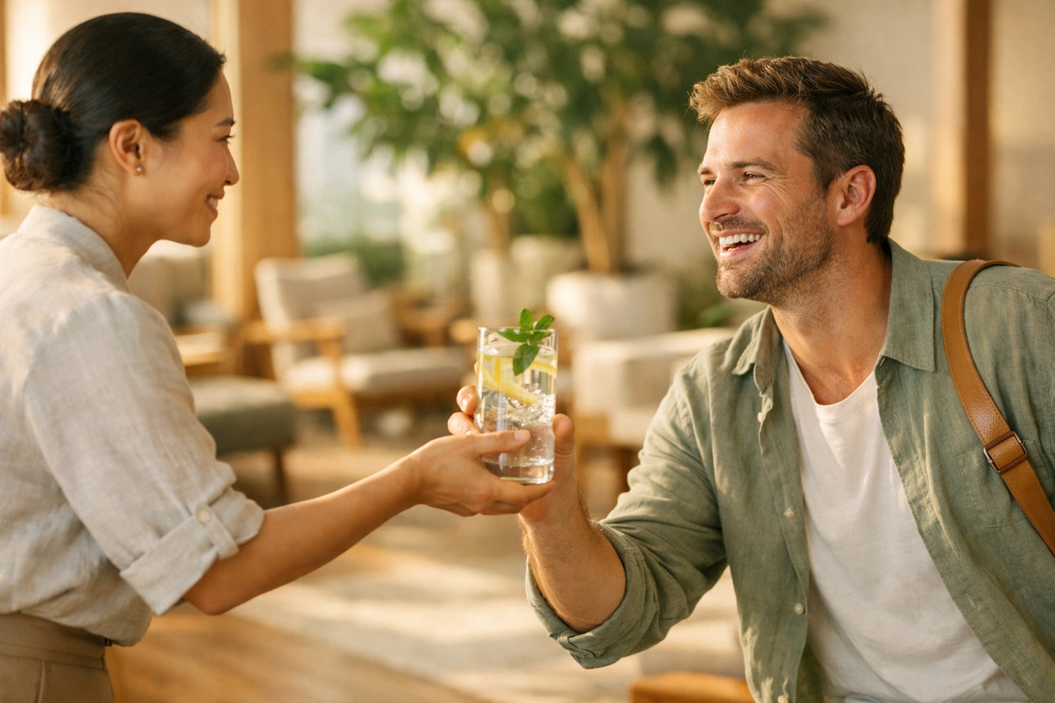 Friendly staff greeting a guest in a desk-free boutique hotel lobby to improve the guest experience.
