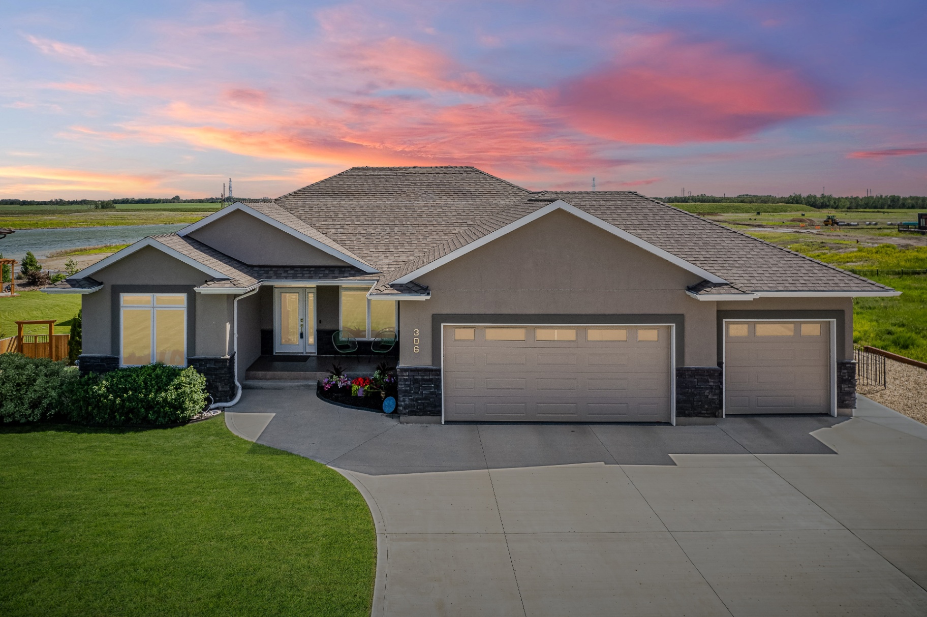 Aerial Twilight Exterior of Modern Bungalow