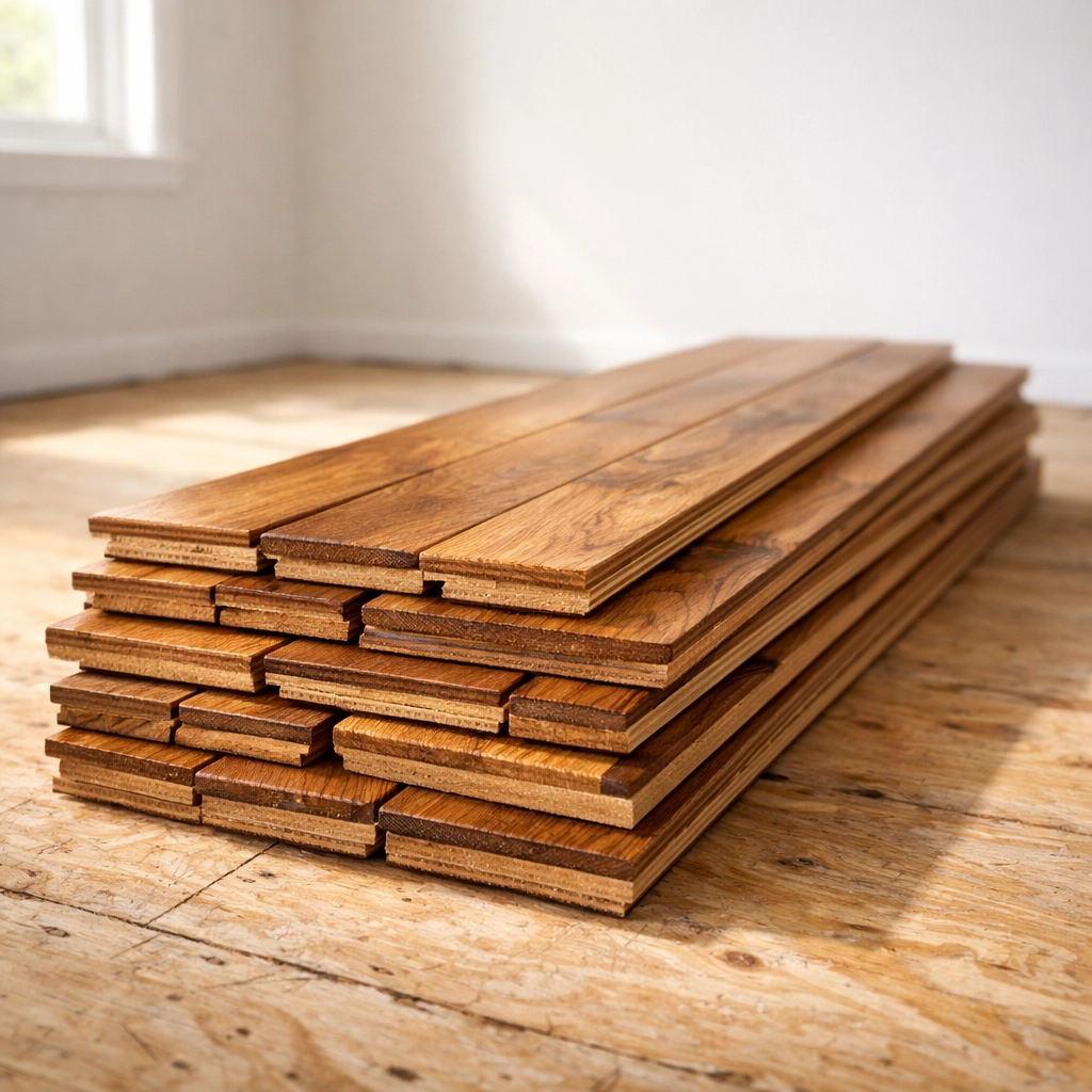 Stacked hardwood planks acclimating to room temperature and humidity