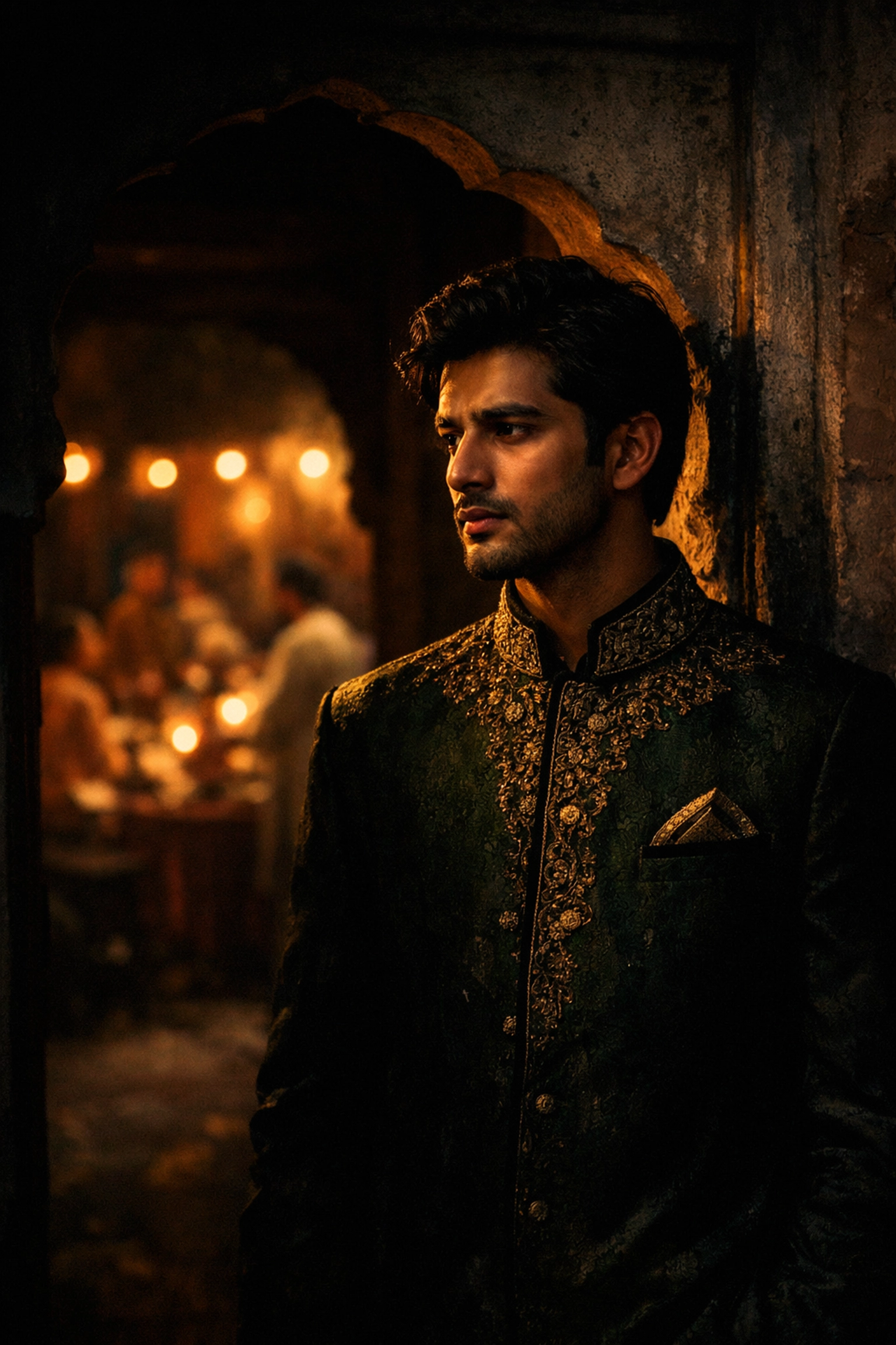 Pakistani gay man in traditional sherwani standing in a Haveli doorway, representing family honor and Izzat.