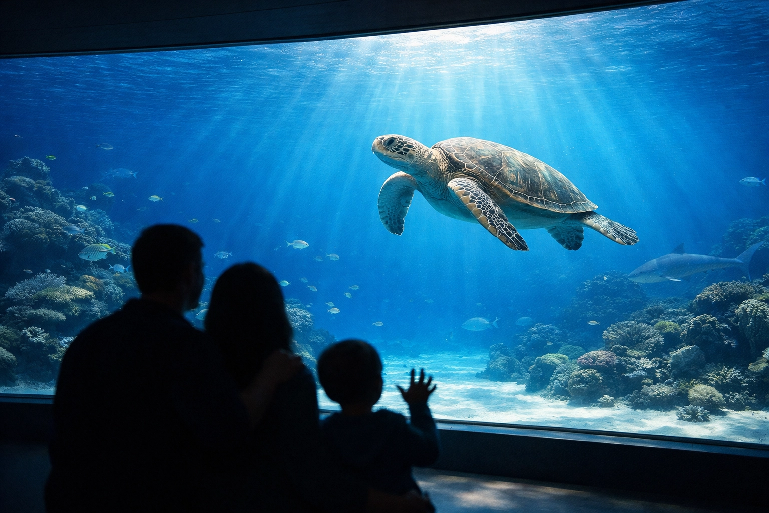Visitors viewing a sea turtle in a modern aquarium gallery, showcasing an immersive and photo-friendly experience.