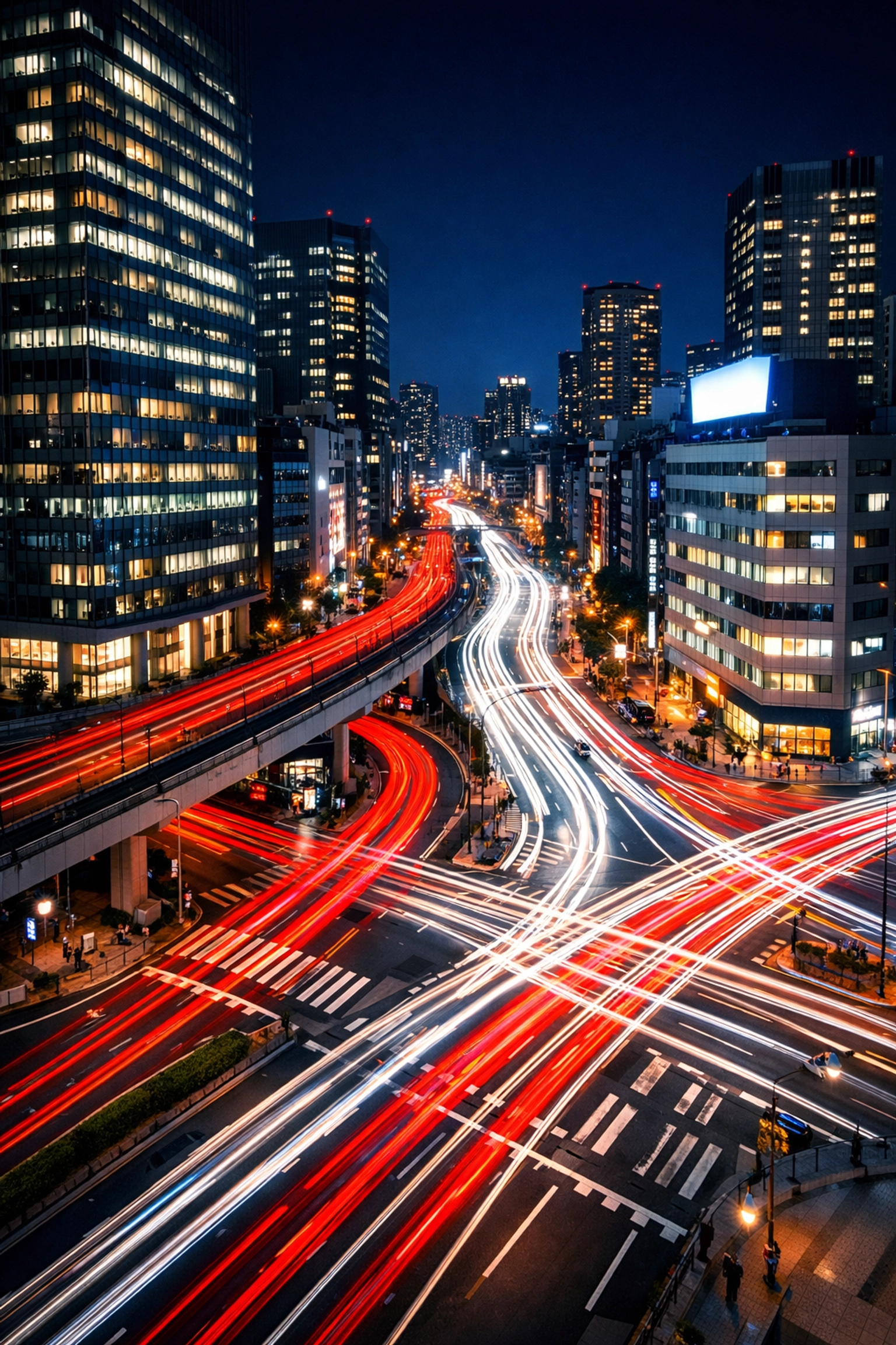 Long exposure night city traffic light trails demonstrating manual mode in advanced photography tutorials.