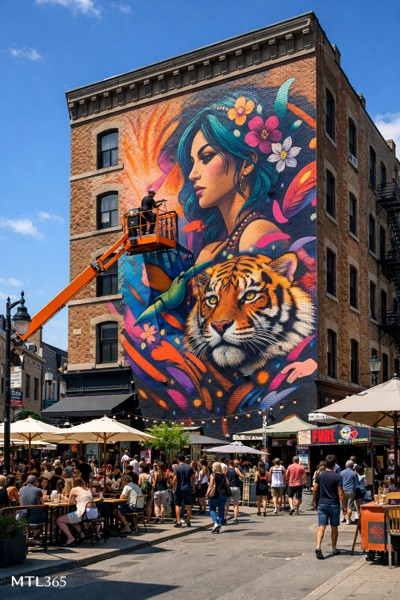 A massive street art mural being painted on Boulevard Saint-Laurent during the MURAL festival in Montreal.