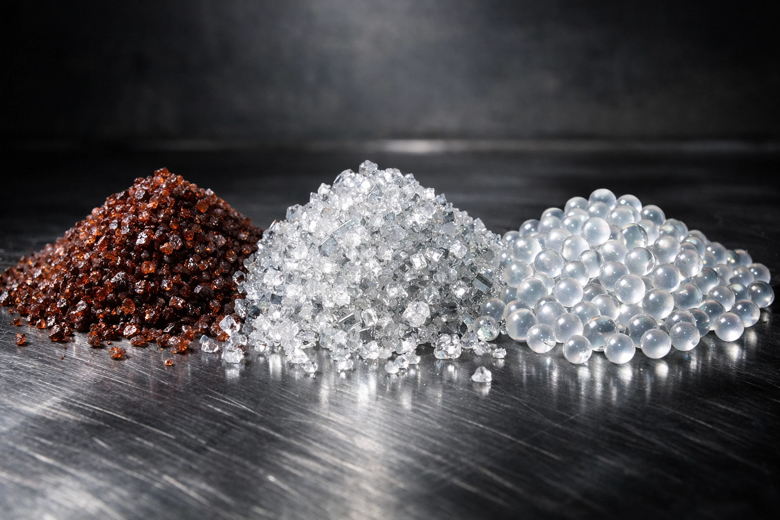 Different types of abrasive sandblasting media like garnet and glass beads used for metal surface prep in Santa Cruz.