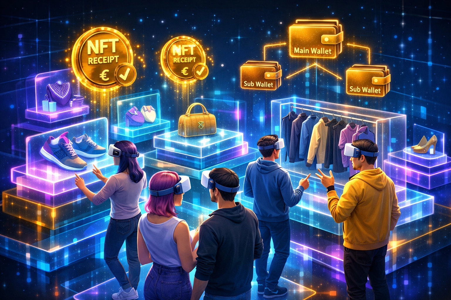 Virtual reality shopping with avatars browsing products and NFT receipt tokens in metaverse storefront