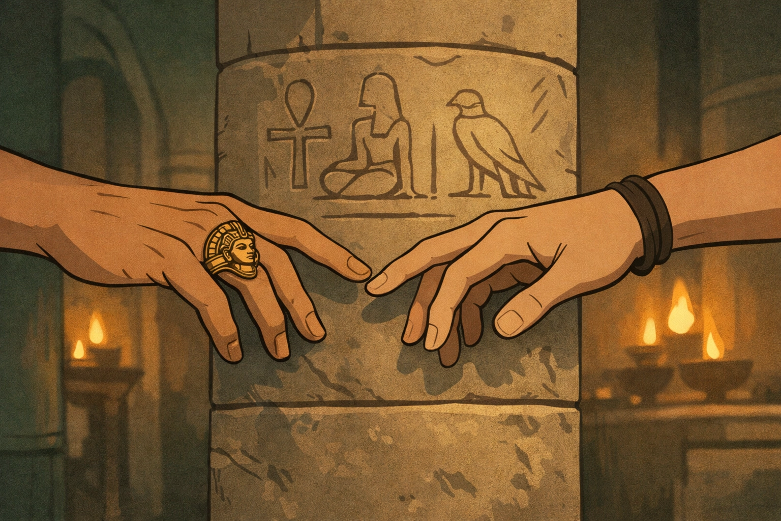 Two male hands nearly touching on carved stone pillar in Egyptian palace, symbolizing forbidden MM romance connection