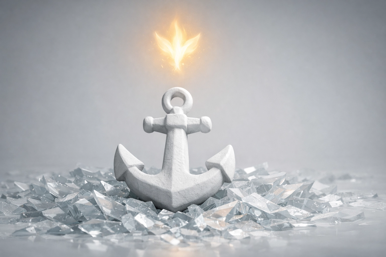 A white stone anchor illuminated by a golden light, representing a firm foundation of faith in a shifting culture.