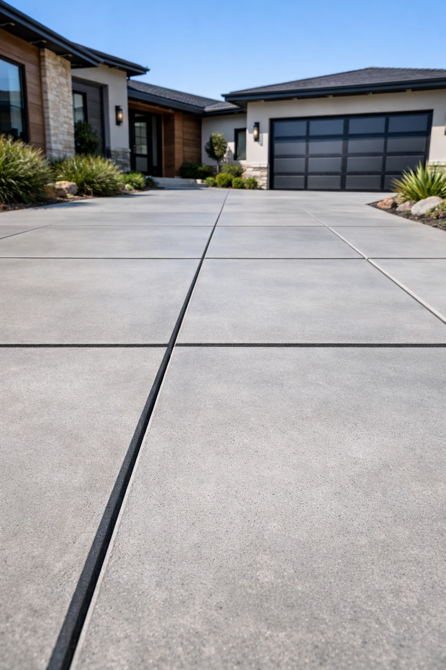 Professional custom concrete walkway and driveway with modern geometric pavers and clean lines.