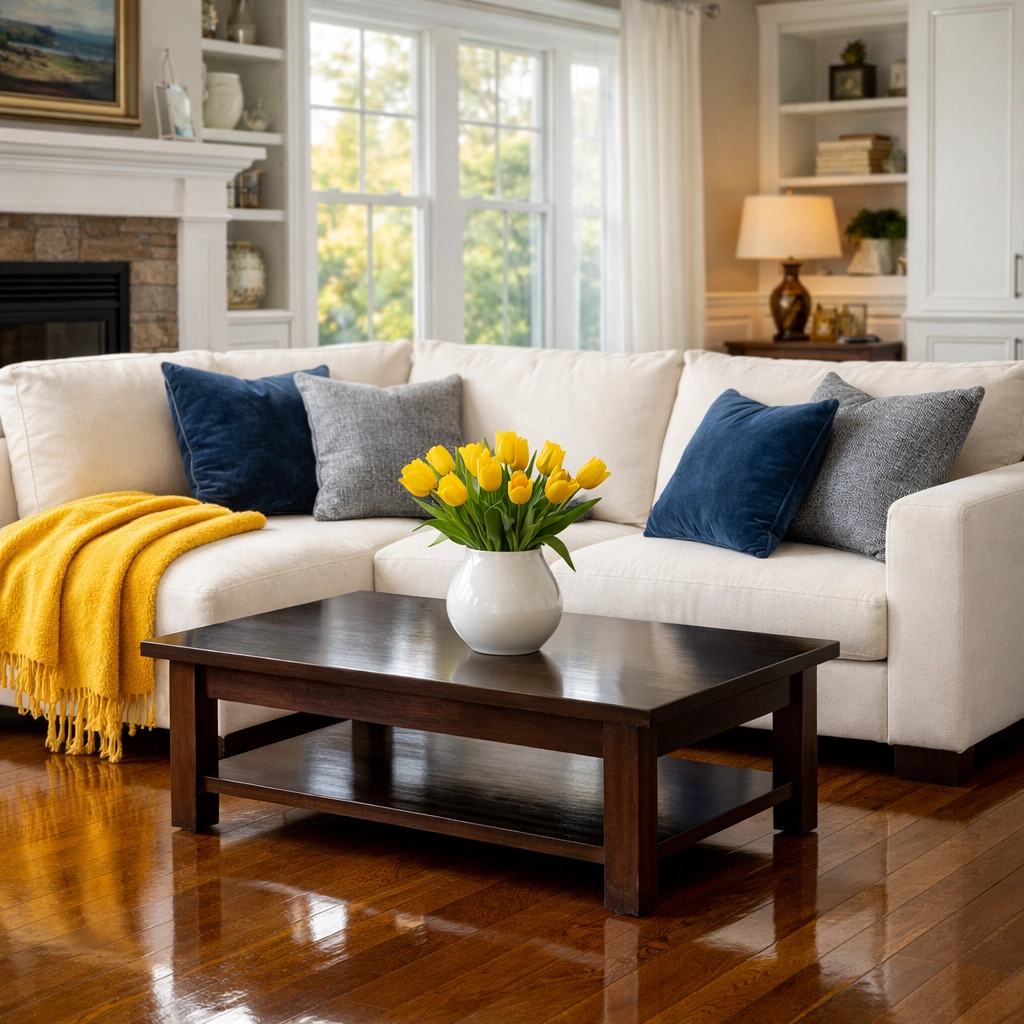 Clean, cozy living room with polished floors provided by expert professional cleaners in Hopkinton.