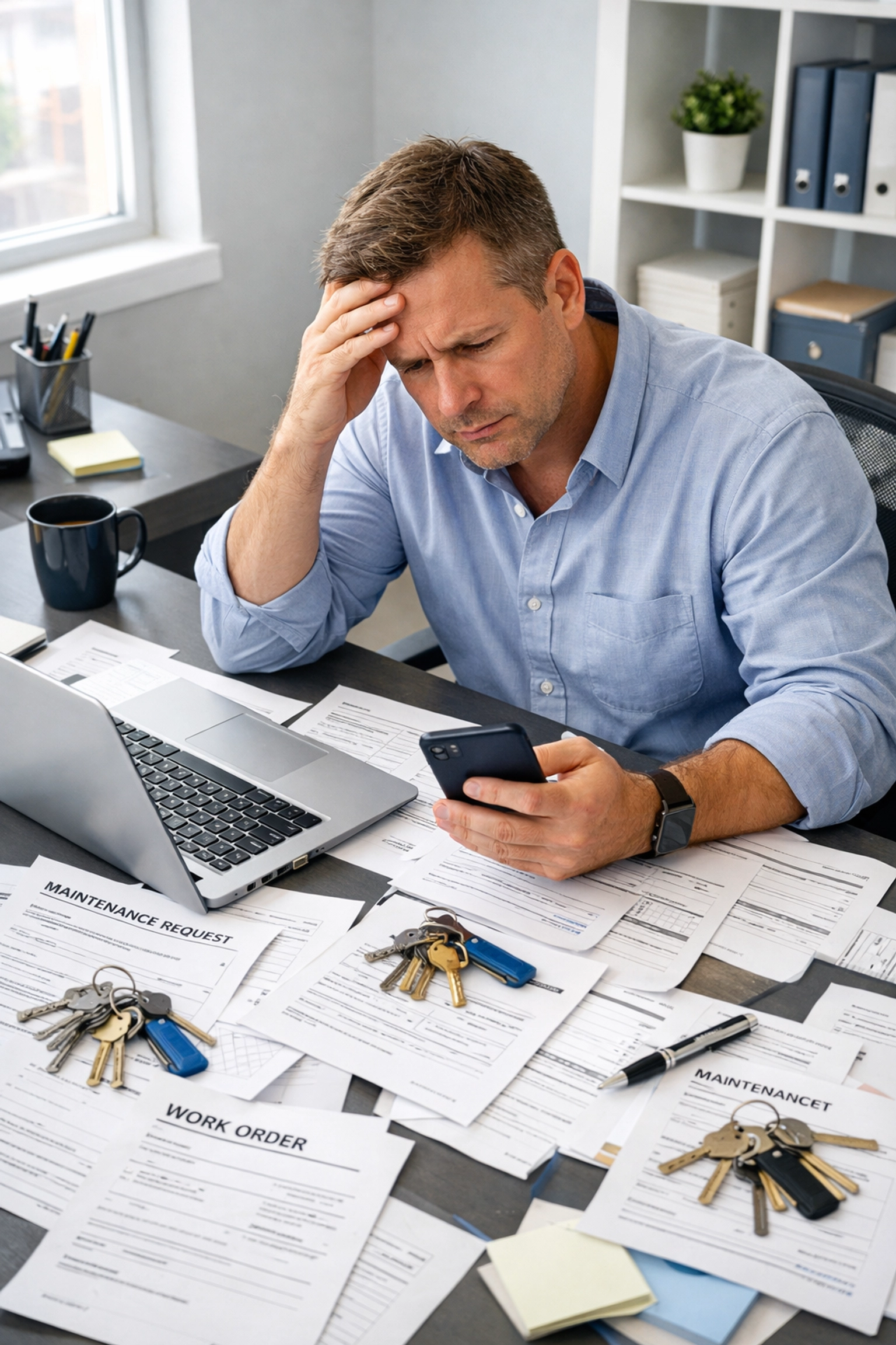 Property manager overwhelmed with apartment turnover paperwork and maintenance requests