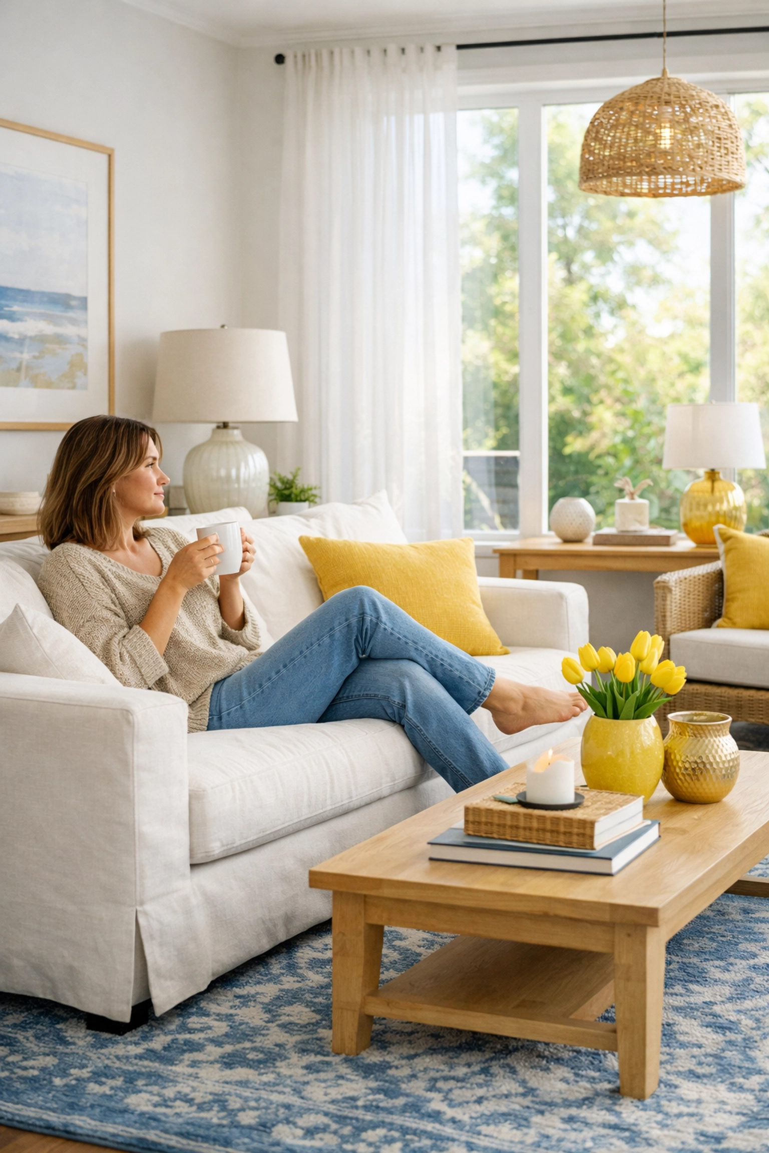 A homeowner relaxes in a sunlit, organized home after a premium House Cleaning Ashby MA session.