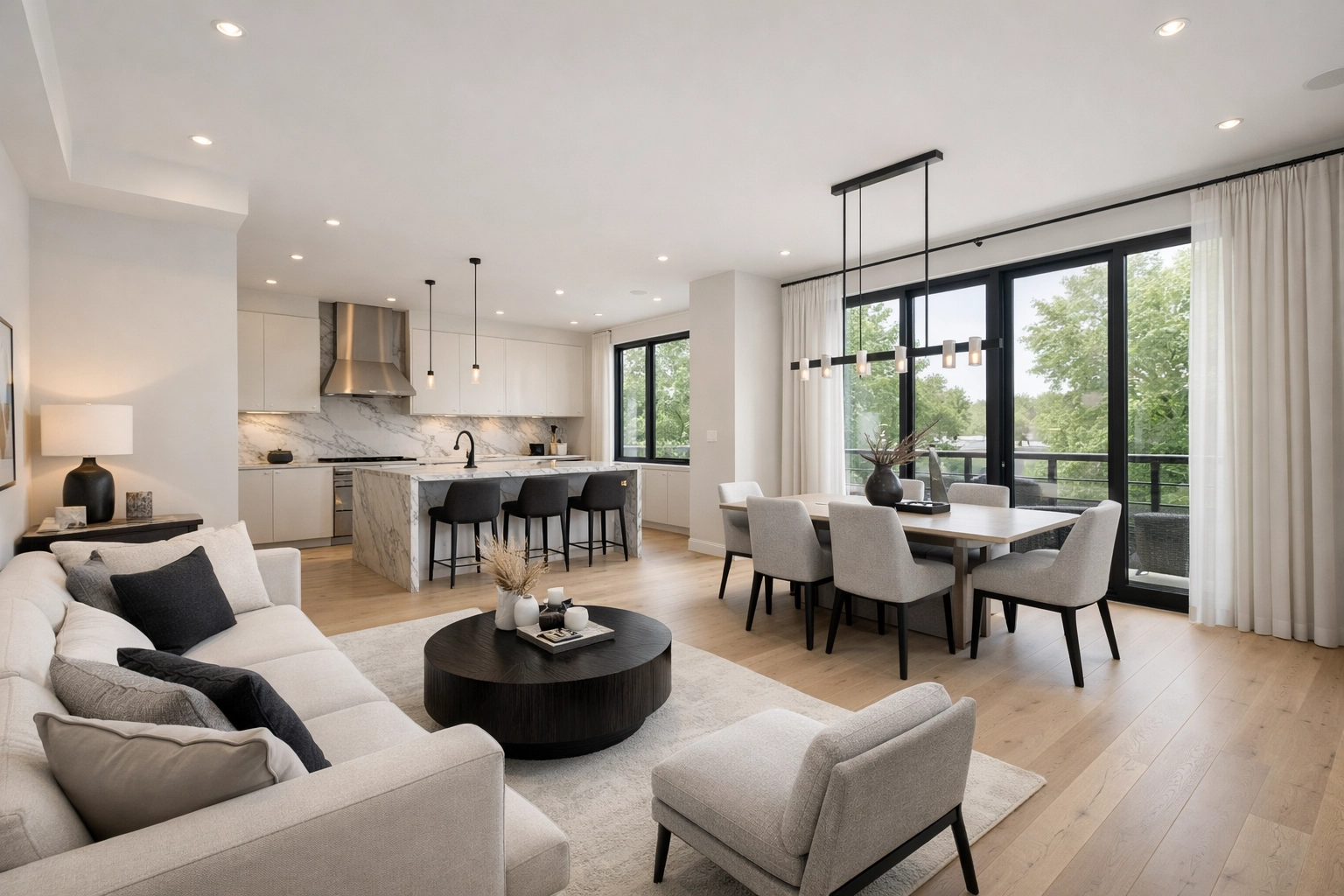 Современный интерьер люксового таунхауса в Маркхеме с открытой планировкой и ярким светом.