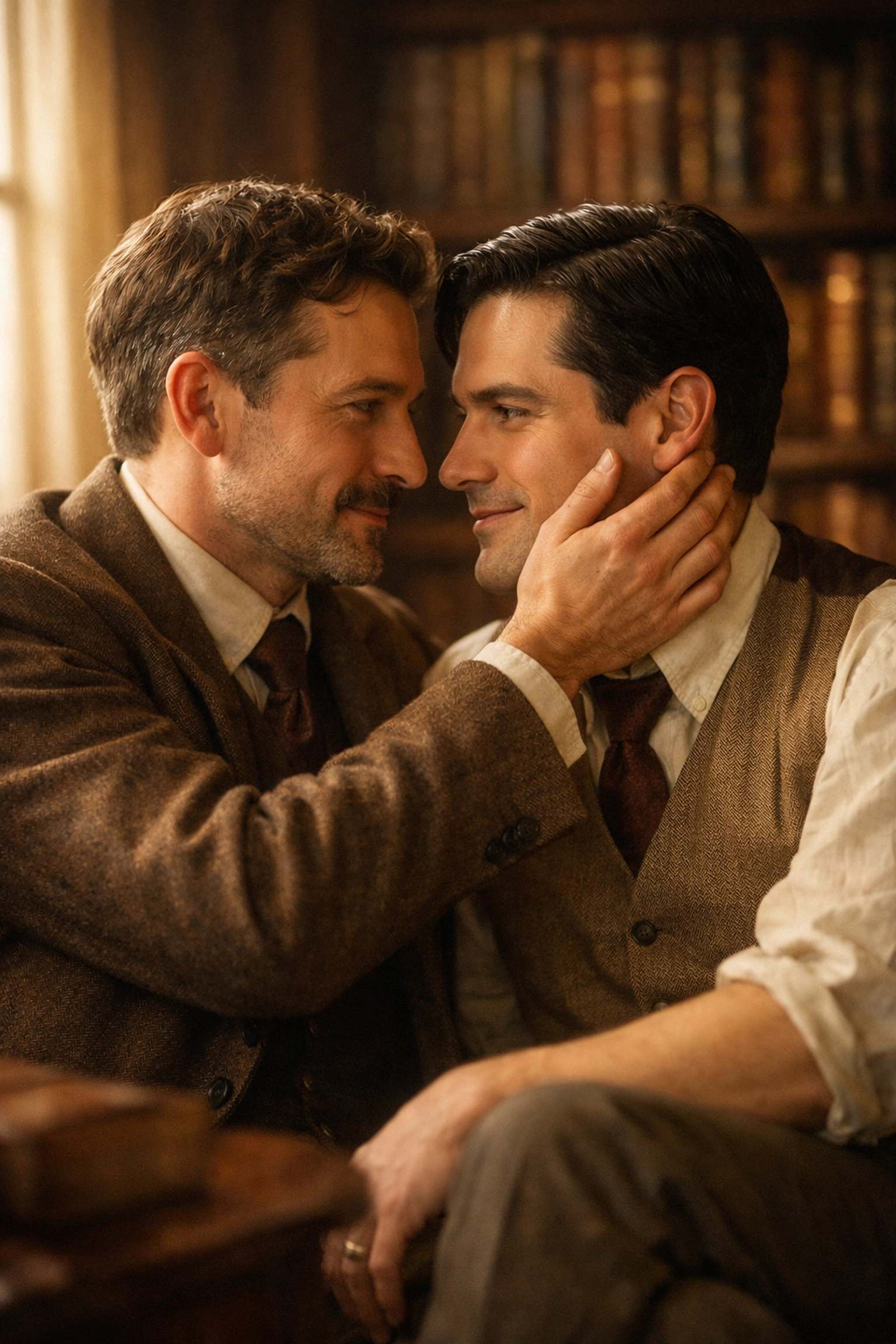 Intimate moment between two men in historical setting from E.M. Forster's Maurice MM romance