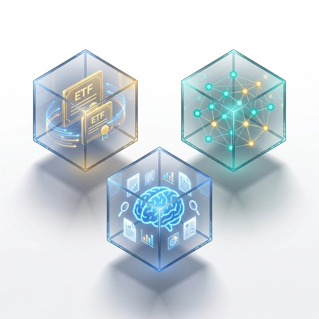 Three glass cubes illustrating diverse crypto hedge fund strategies: ETFs, research, and arbitrage