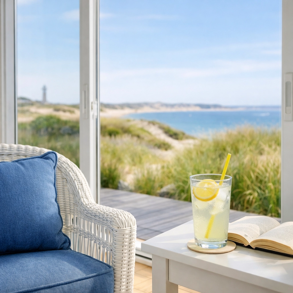 Sparkling sunroom in Provincetown with clean glass doors overlooking the dunes and coastline.