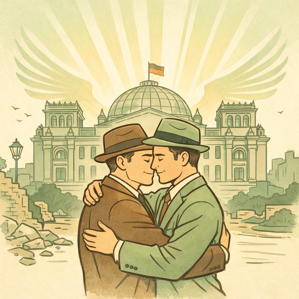 Gay couple embracing in postwar Berlin, representing LGBTQ+ resilience and rebirth