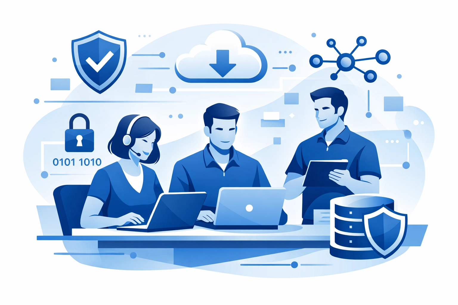 Small business team protected by managed IT support with cybersecurity and cloud solutions