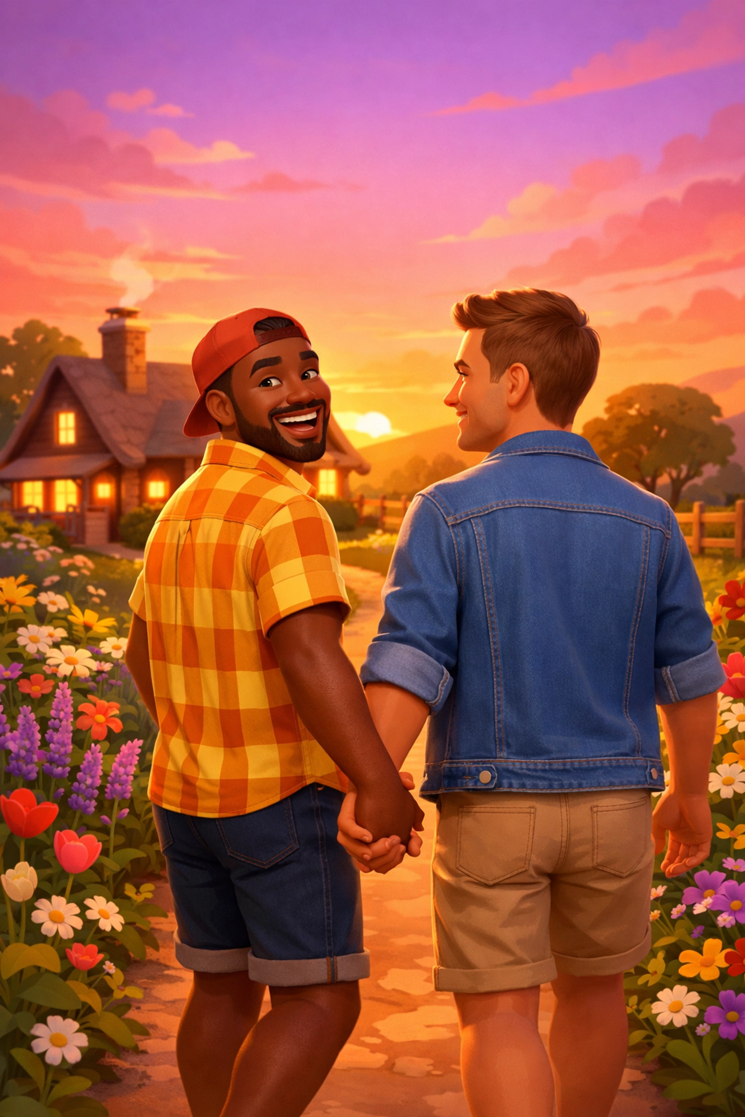 A happy gay couple walks together at sunset, representing the joyful happy endings in queer romantic fiction.