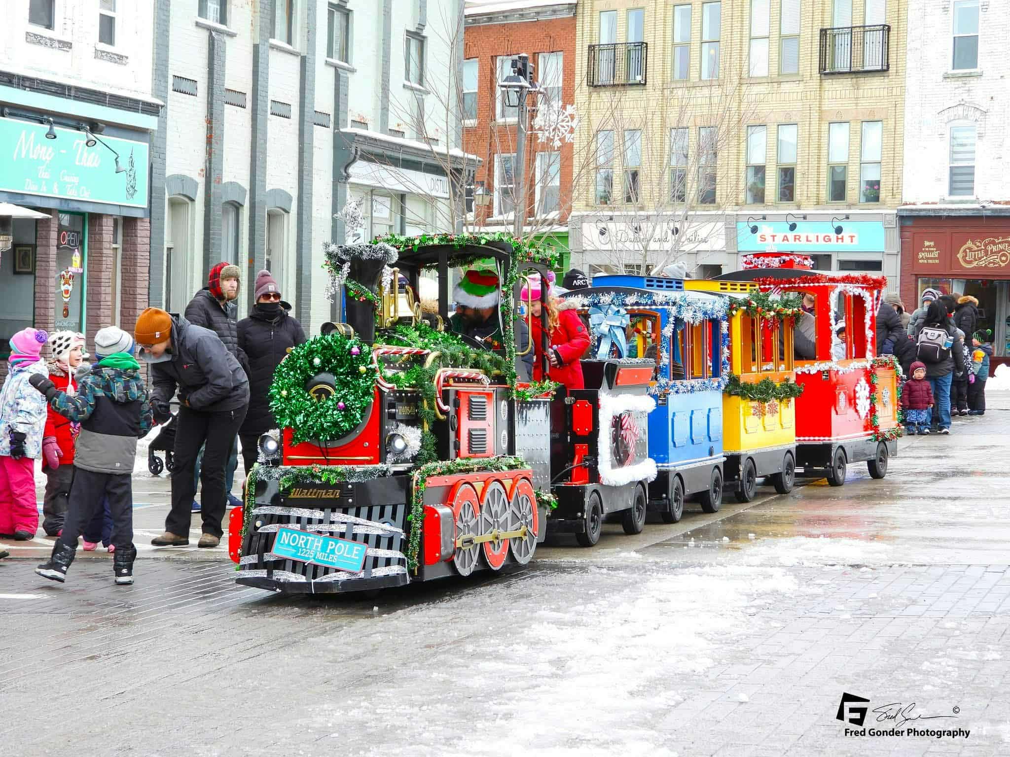 Electric trackless train rental decorated for the holidays