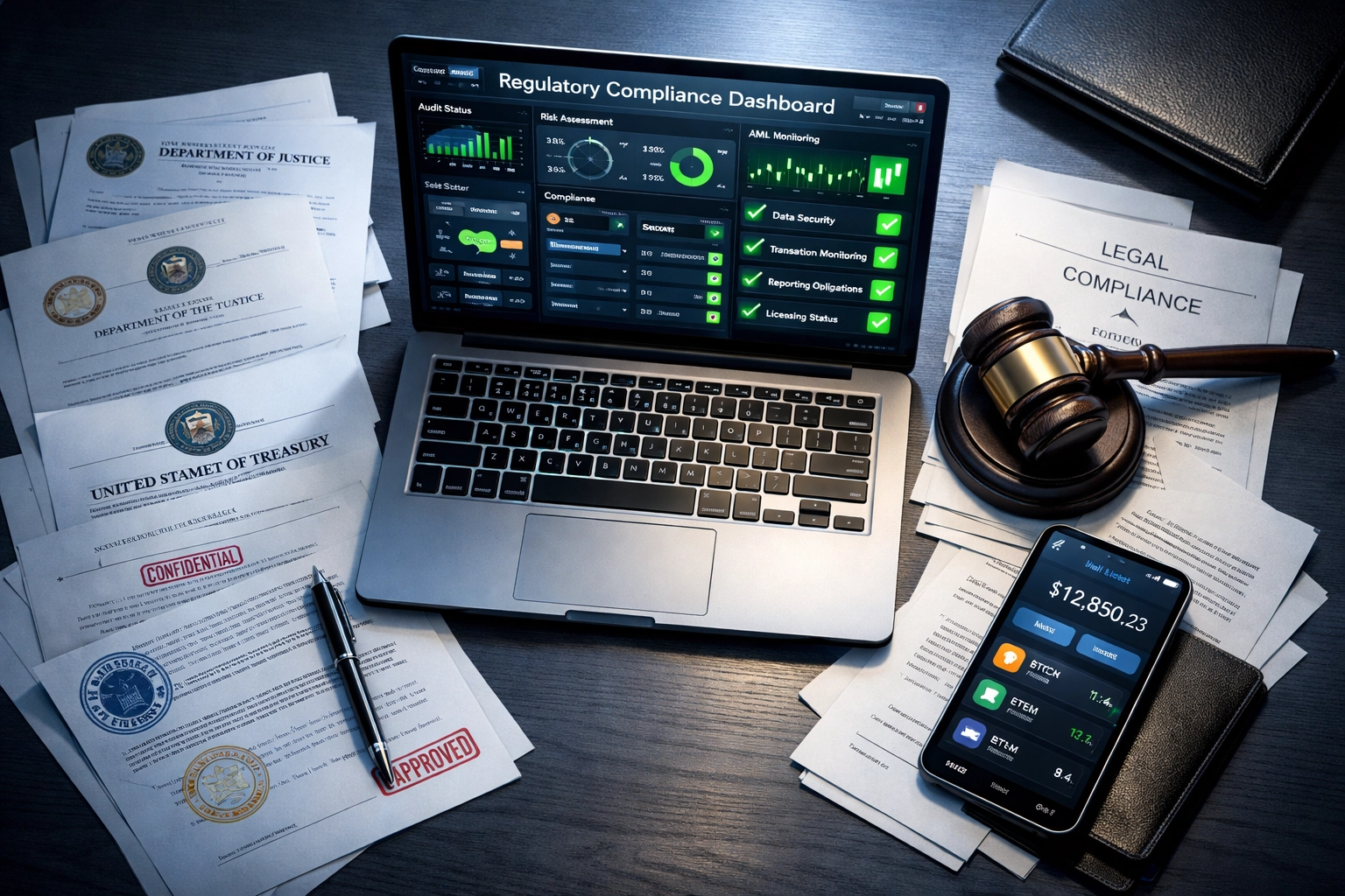 MSB and MTL compliance documents with crypto wallet showing regulatory requirements for payment processors