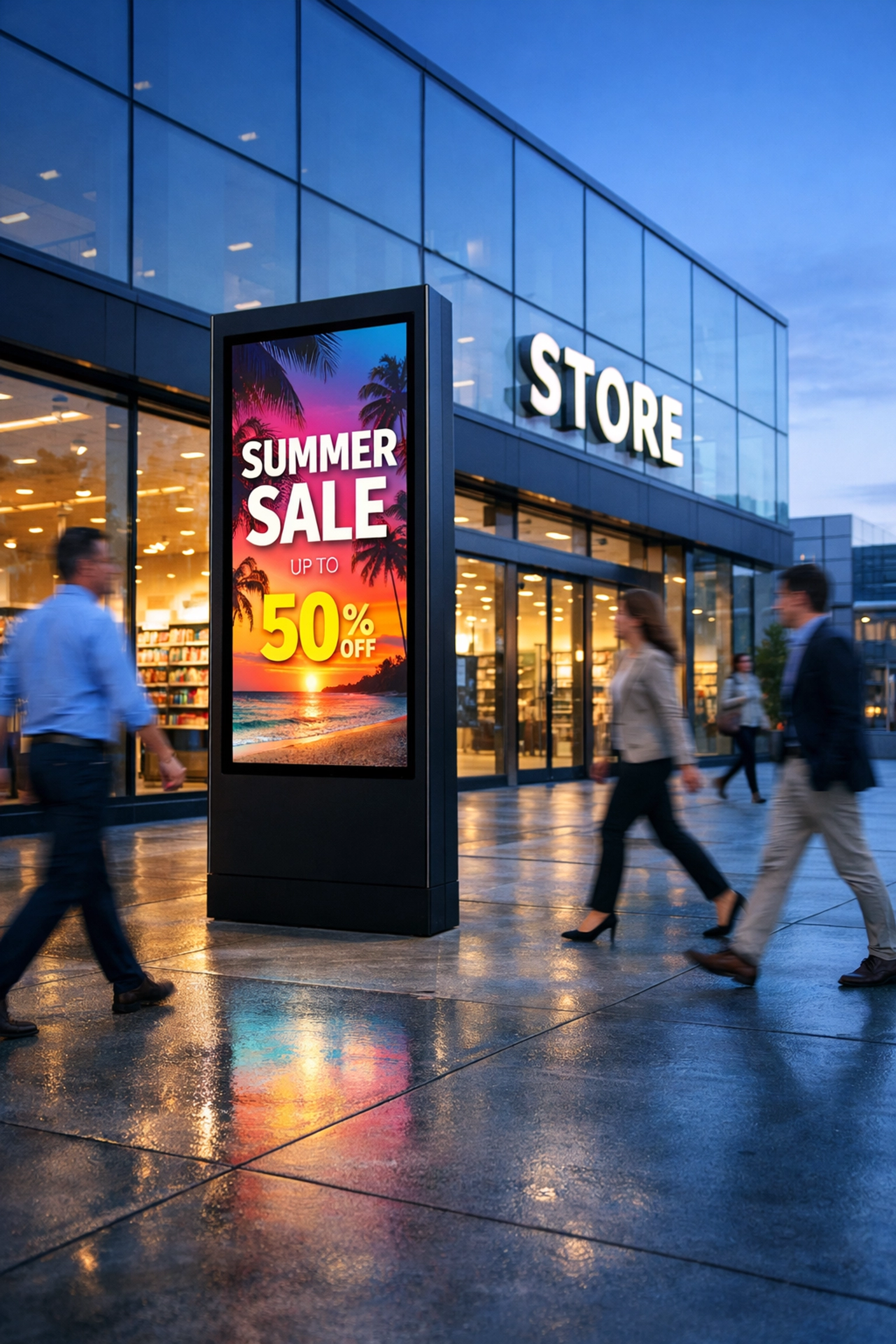 Modern digital advertising pylon outside a big box retail store at dawn, illustrating DOOH dayparting strategies.