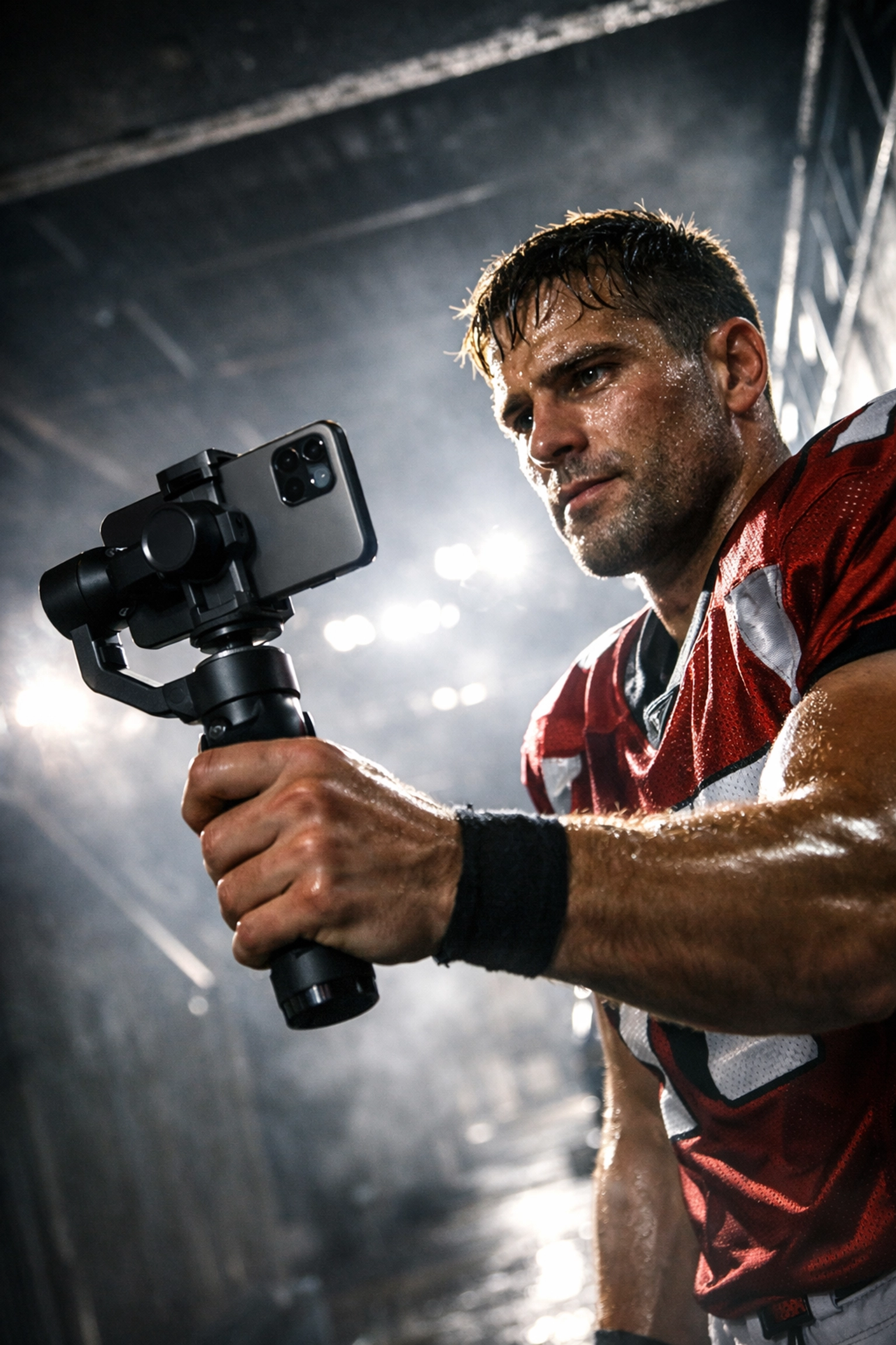 Professional athlete recording behind-the-scenes digital content for real-time sports marketing engagement.