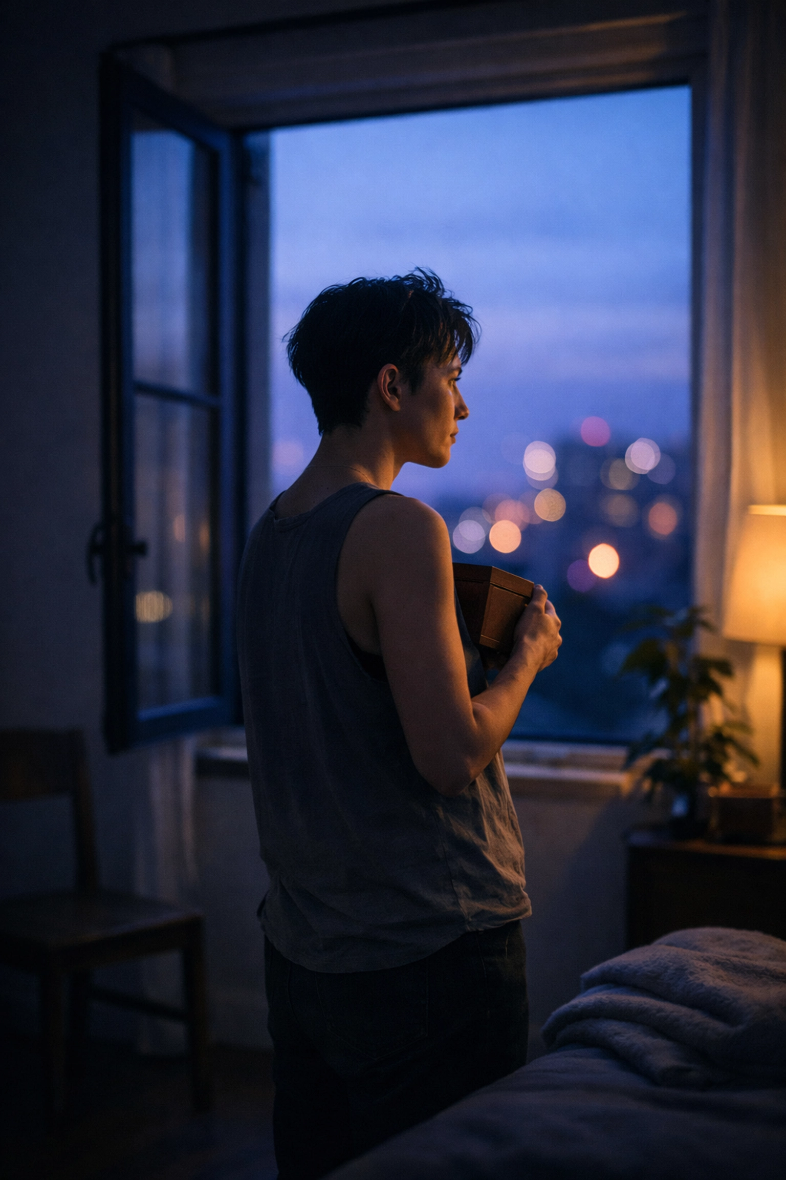 LGBTQ+ individual holding a memory box while looking out a window, reflecting on queer healing and loss.