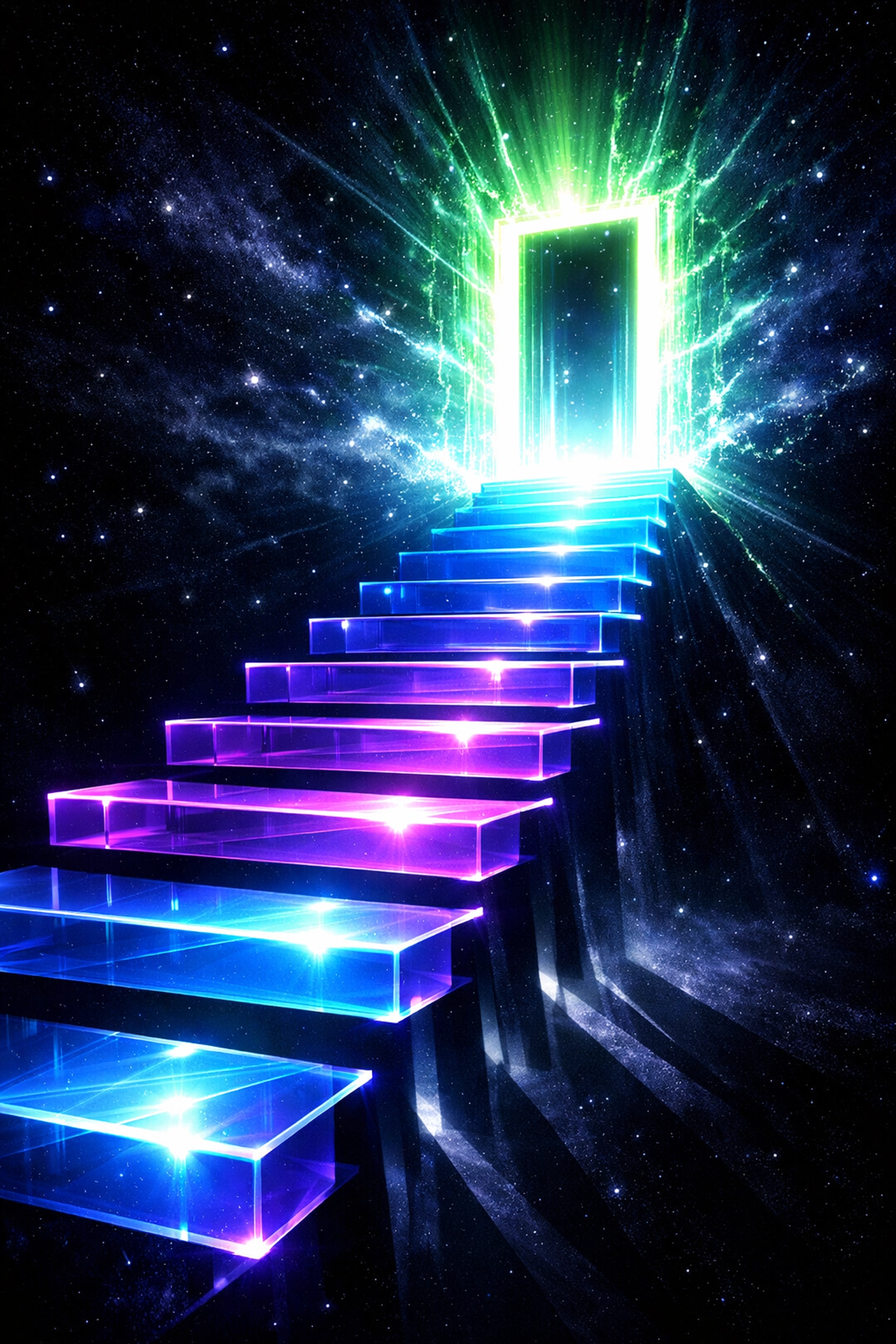 A neon staircase leading to a career gateway, illustrating a student's journey through AI readiness.