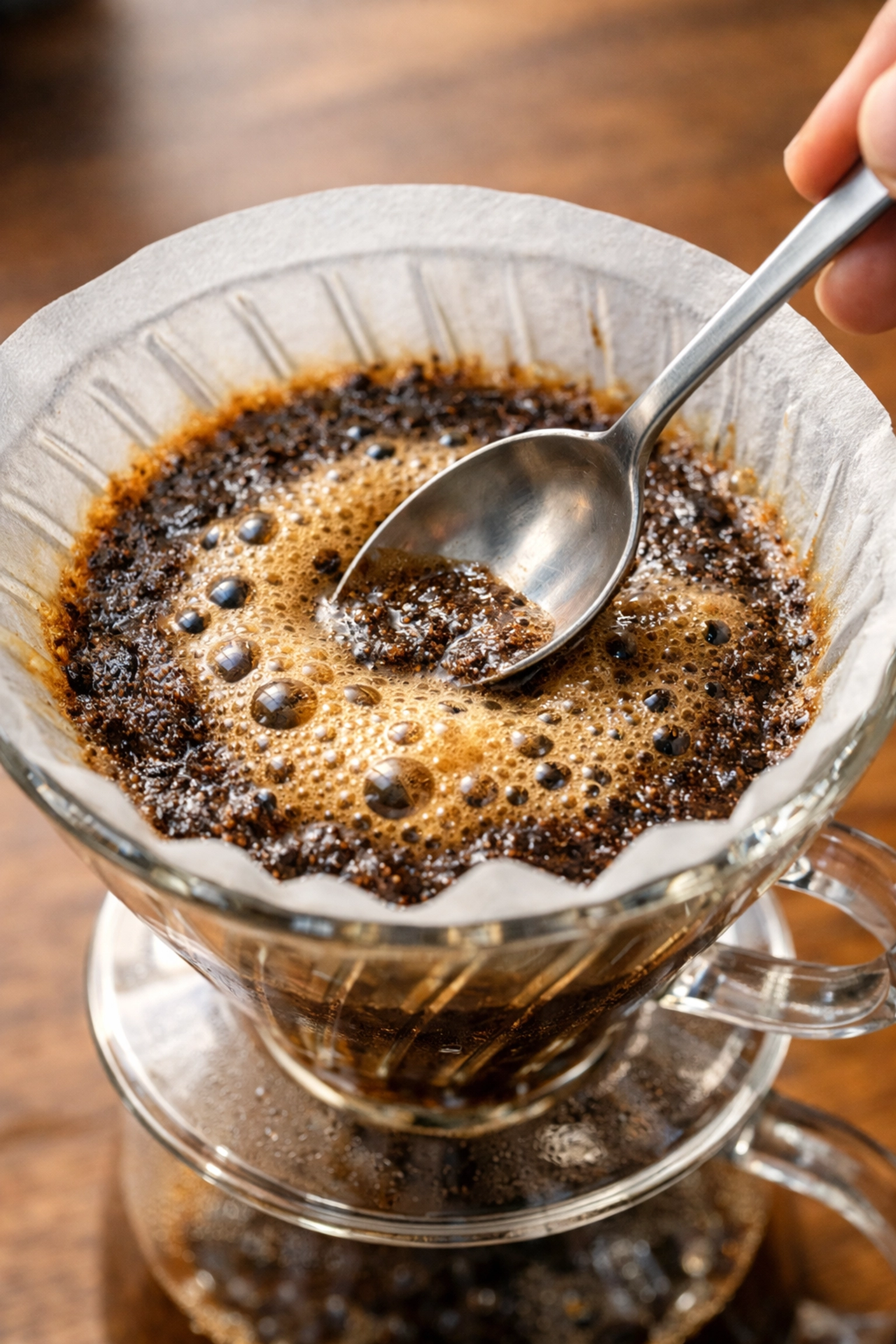 Stirring the coffee bloom in a pour-over dripper to improve saturation and even extraction