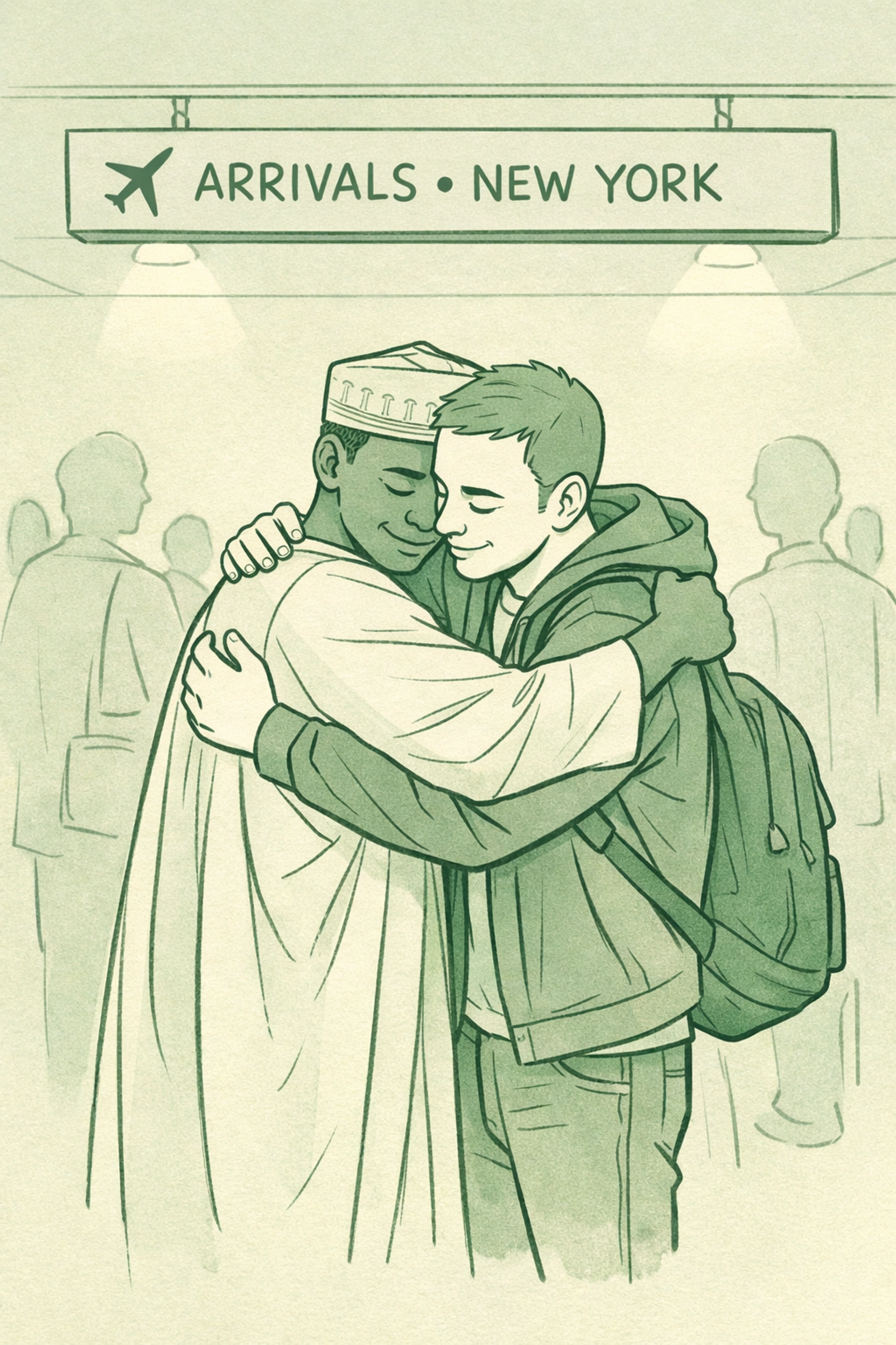 Gay Nigerian refugees embracing at New York airport arrival gate finding safety