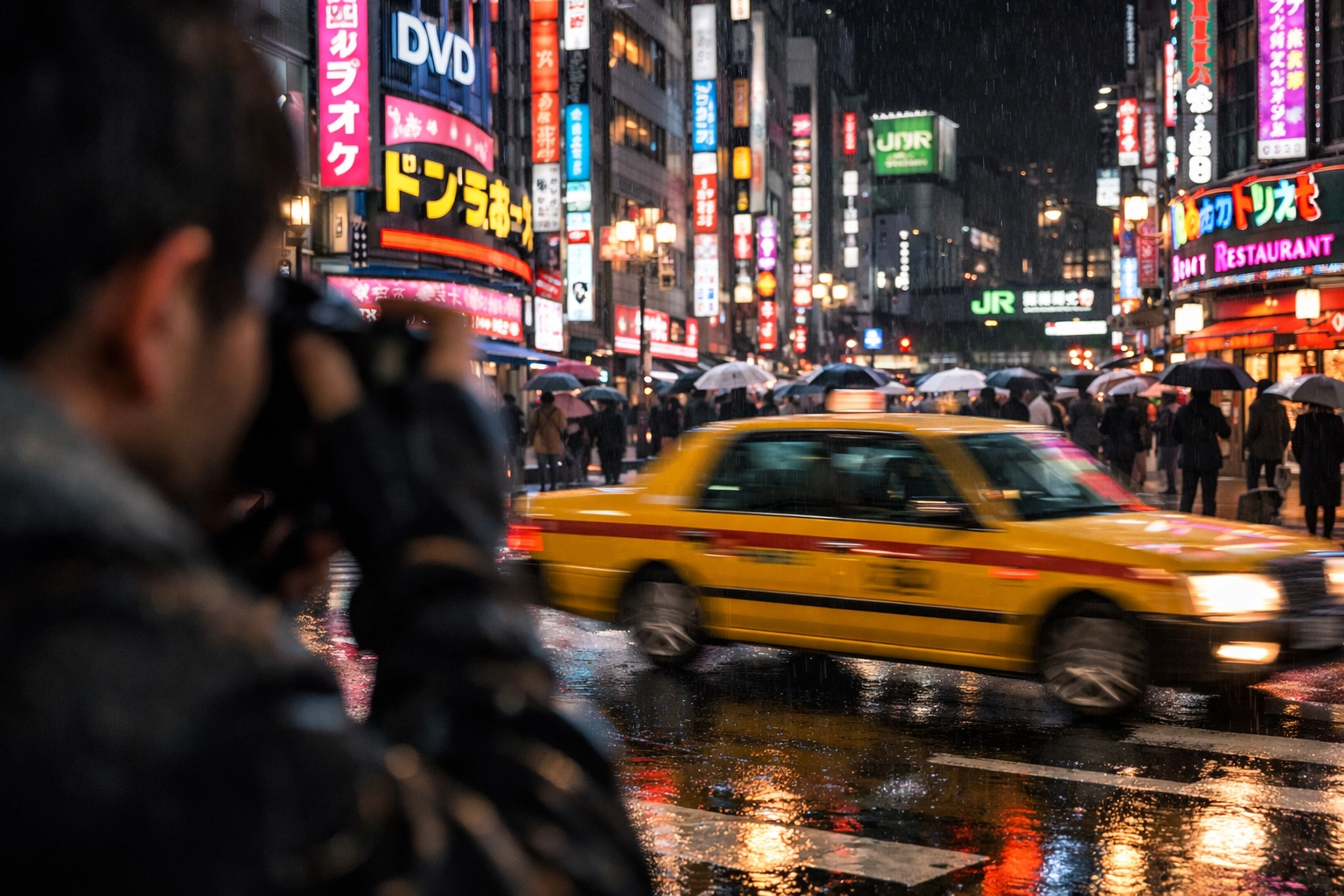 Urban photography at night using AI-powered mirrorless features to track movement in low-light conditions.