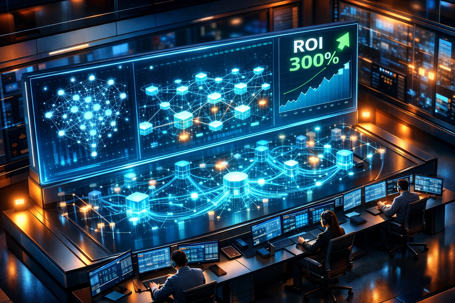 ServiceNow ITOM command center dashboard showing 300% ROI metrics and AI-powered infrastructure monitoring