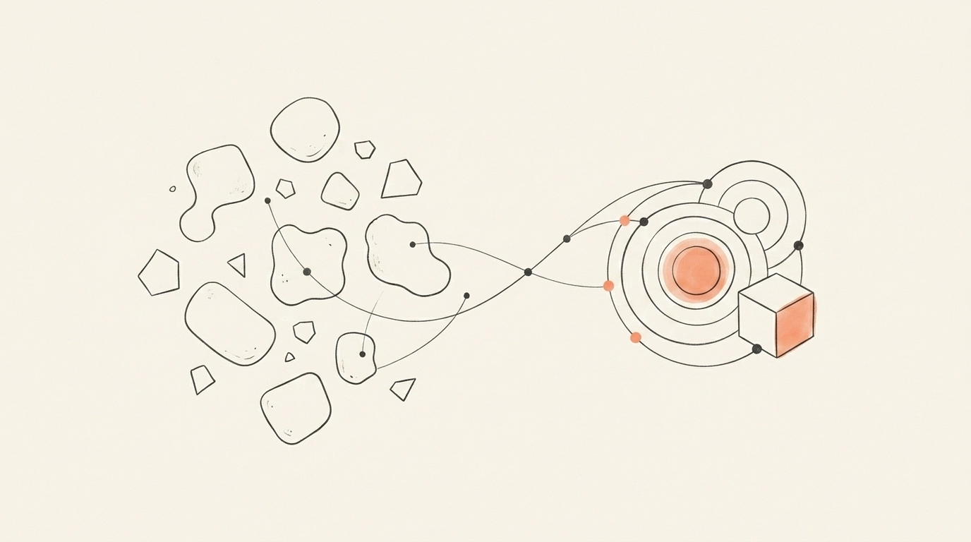 A minimalist conceptual illustration of connected points, clean lines, and simple shapes on a beige background, representing clarity from complexity.