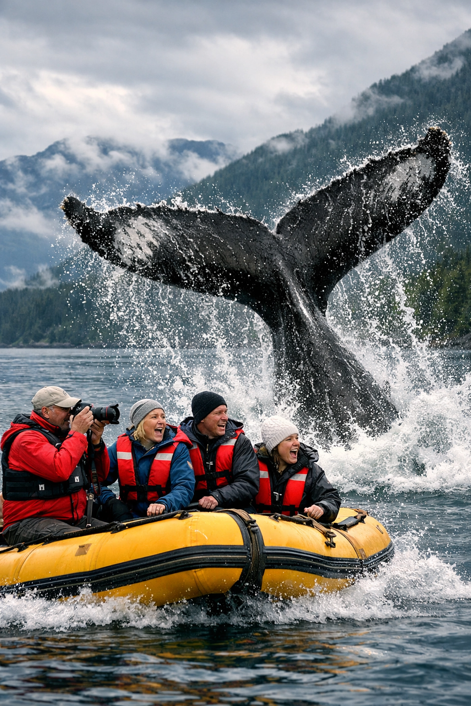 Zodiac whale watching excursion with humpback whale breaching in Alaska waters