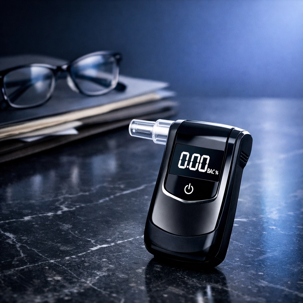 A professional breathalyzer device and legal case files representing DUI evidence in Hampton Roads.