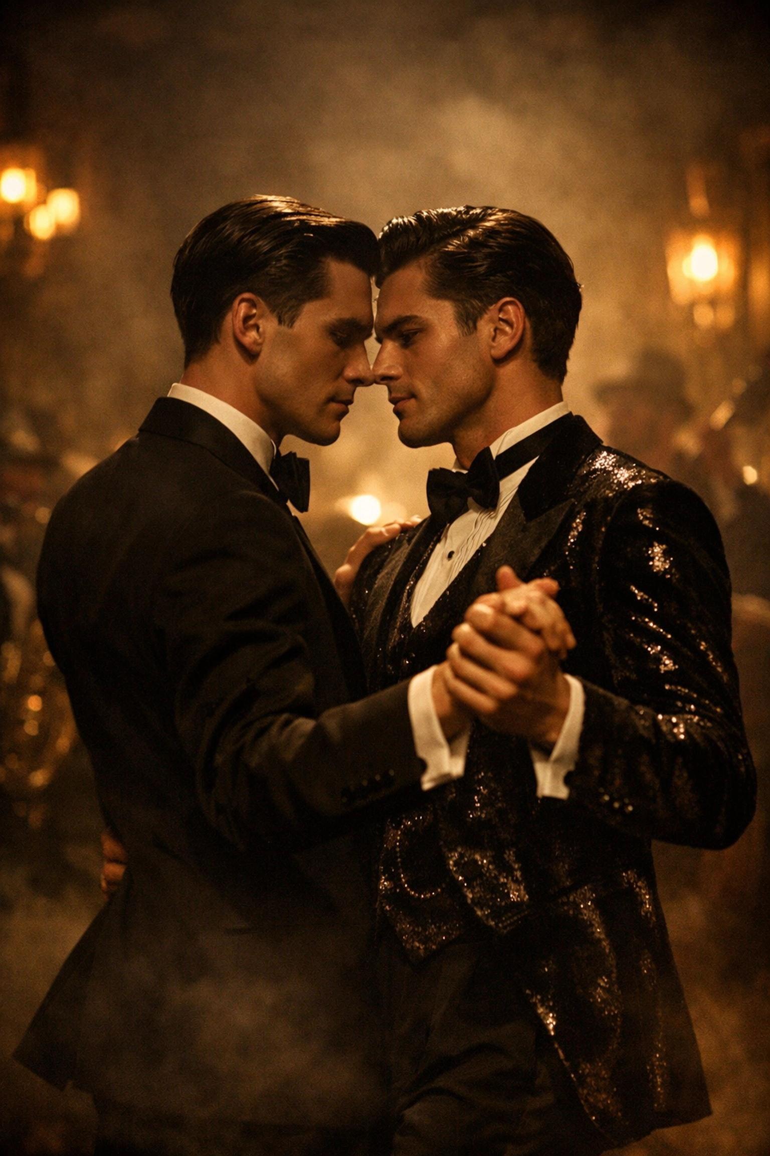 Two men in vintage tuxedos dancing in a 1920s Berlin cabaret, a scene from historical gay romance.