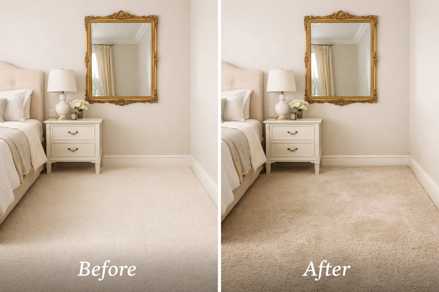 Before and after property inventory comparison showing carpet and wall condition changes