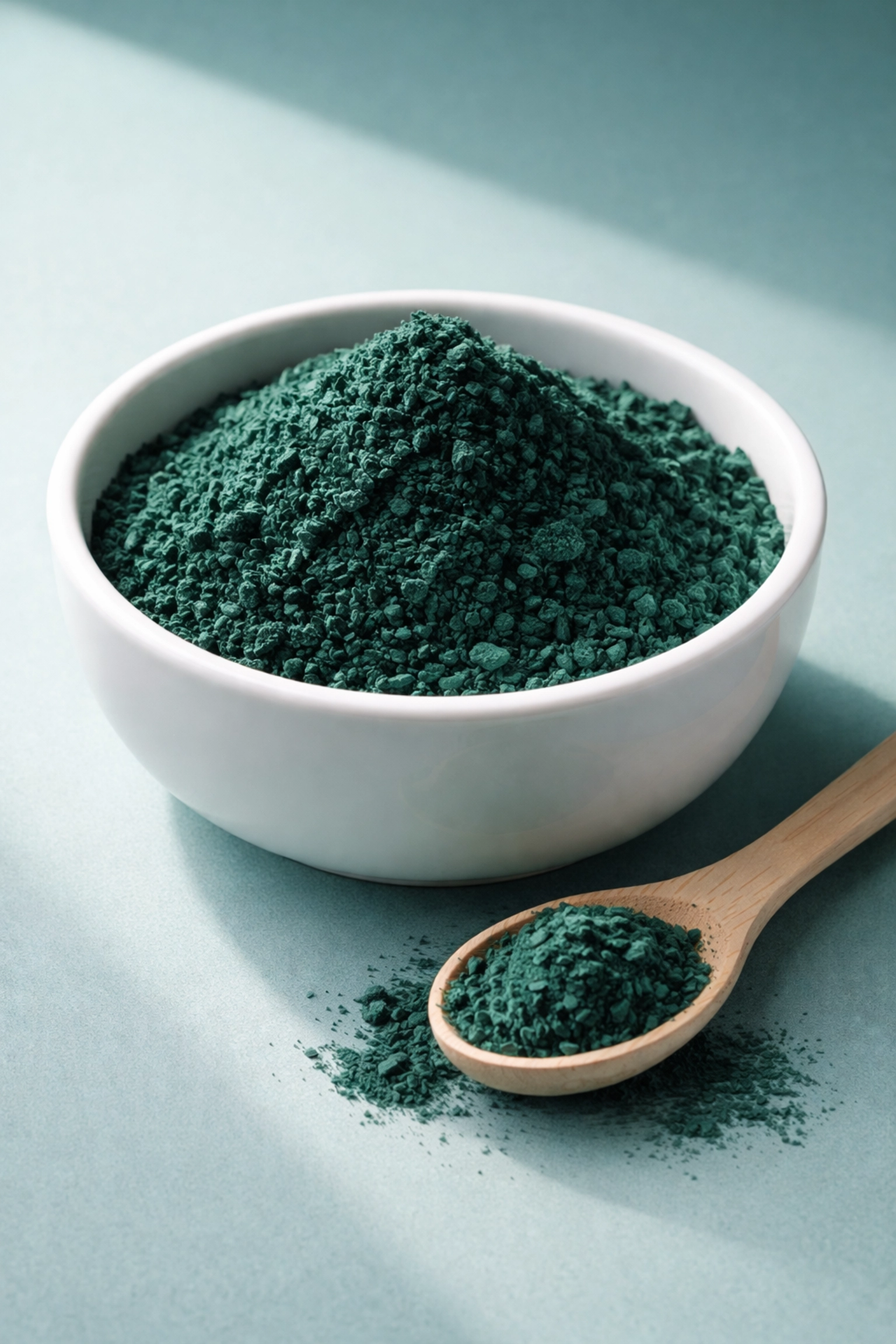 Vibrant spirulina powder in a white bowl, showcasing a nutrient-rich superfood for recovery and protein