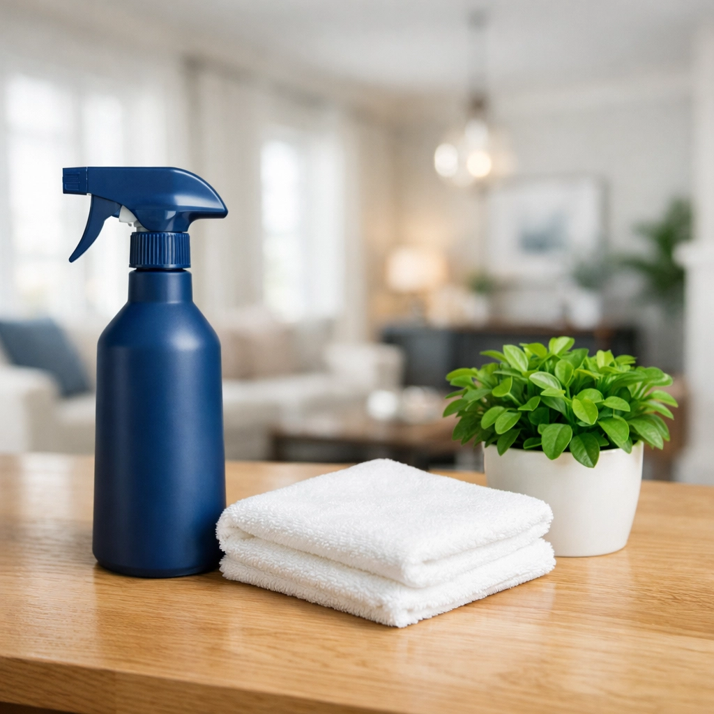 Non-toxic, eco-friendly cleaning products on a polished table for luxury house cleaning in Andover.