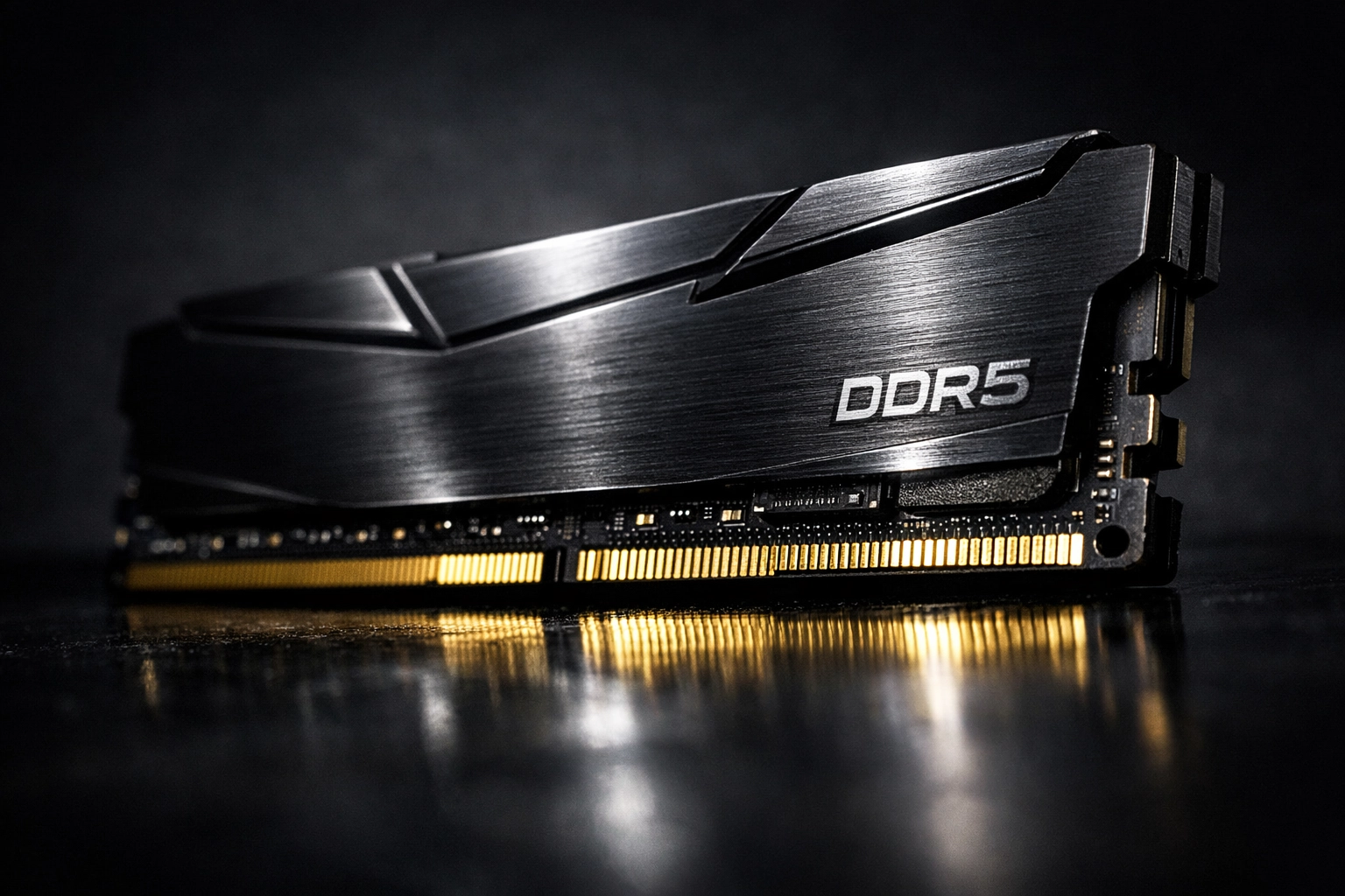 Macro shot of a high-speed ddr5 ram stick showing high-value computer memory components.