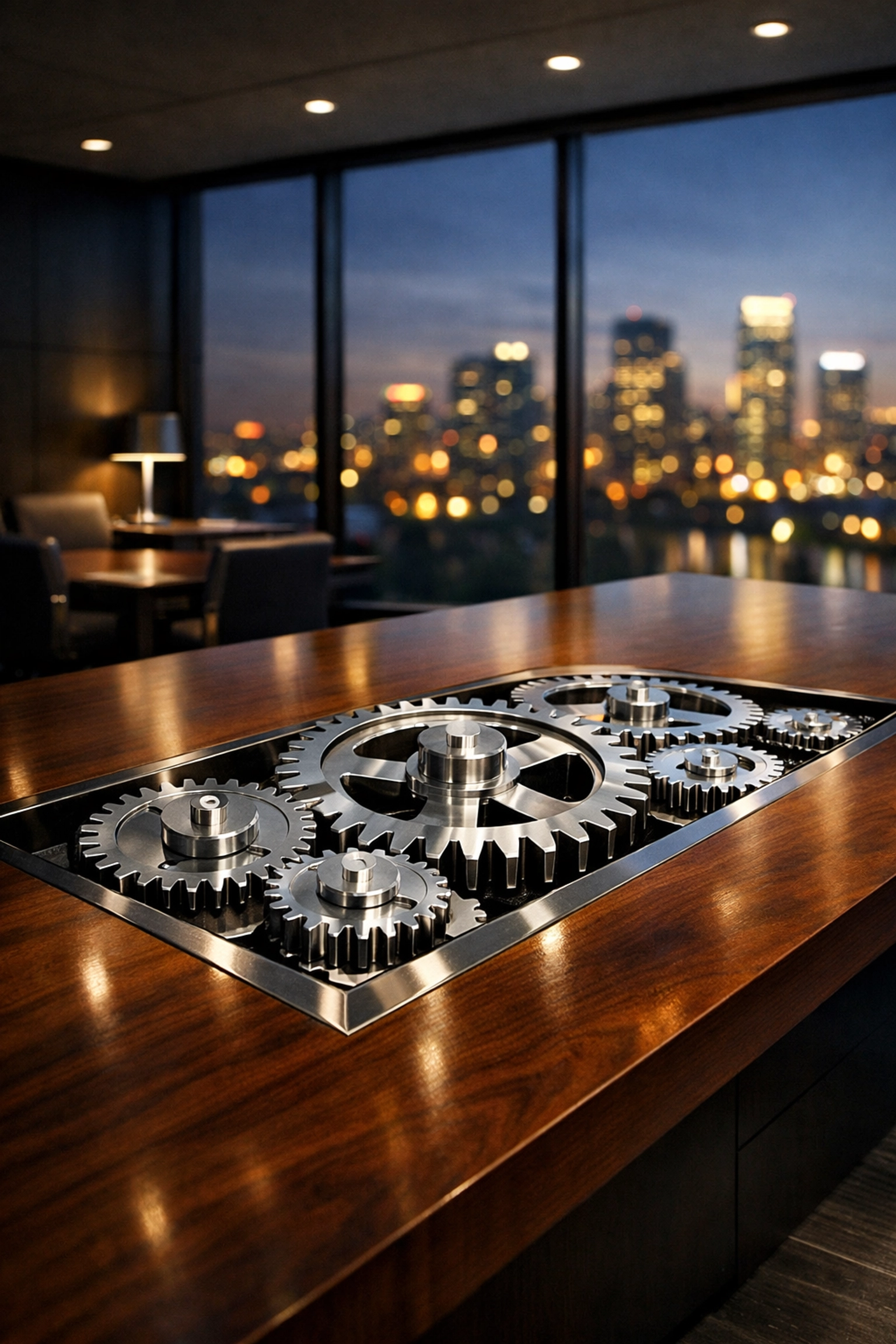 Modern office setting with metallic gears on a table representing the precision of an EOS business operating system.