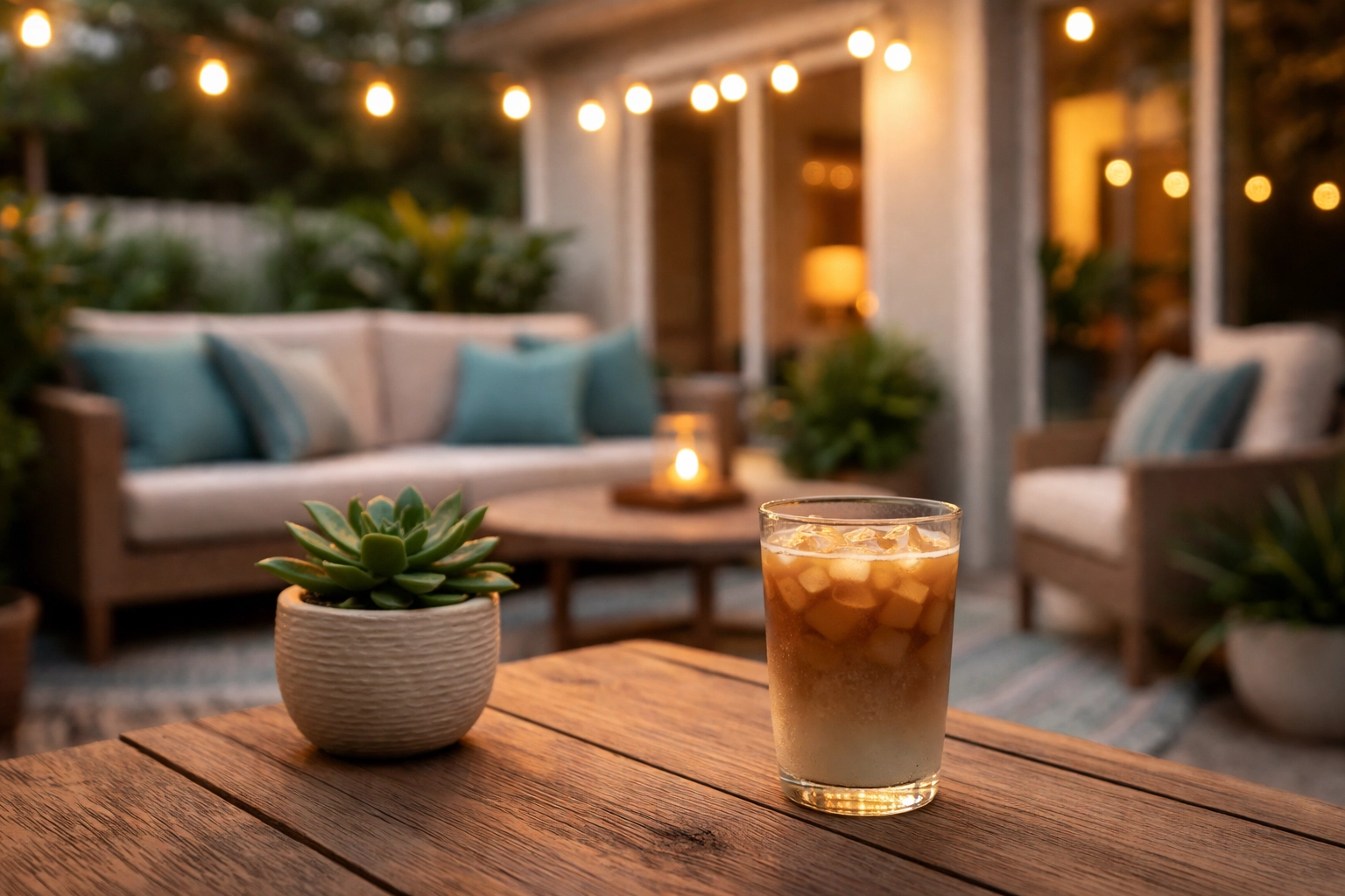 Diverse LGBTQ+ friends sharing laughter and iced coffee on a sunlit Florida patio, symbolizing queer community joy.