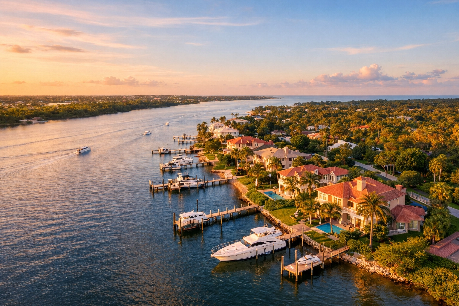 Aerial view of Hobe Sound waterfront homes and Intracoastal Waterway on Florida's Treasure Coast